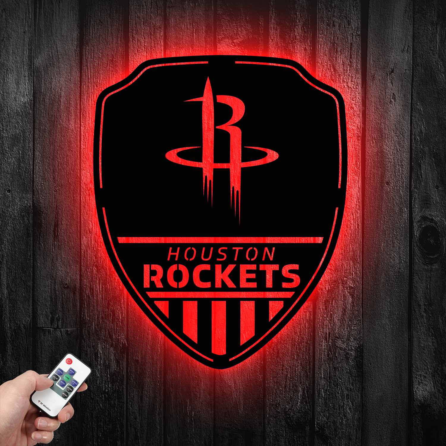 Houston Rockets Shield Shape Metal Sign LED Light NBA Fan Wall Art Home Decor