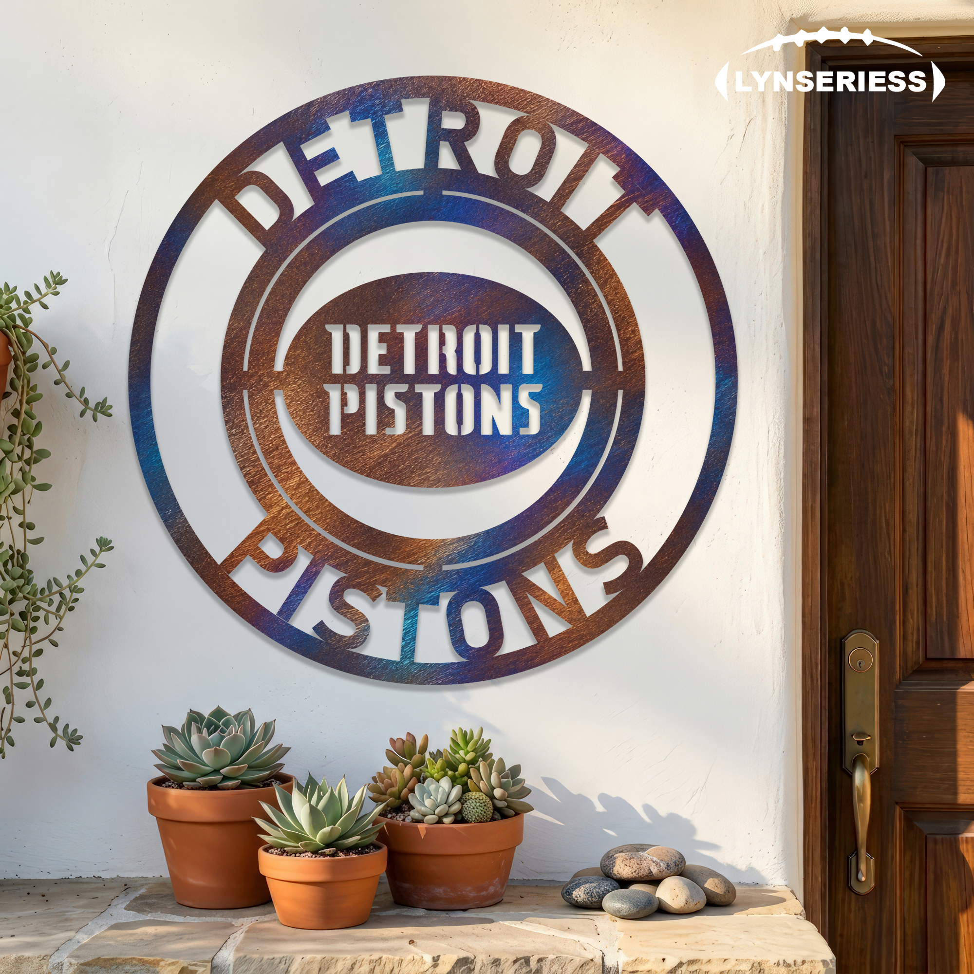 Detroit Pistons NBA Fire Roasted Metal Wall Art Basketball Fan Gift Outdoor Patio Porch Vintage Decor