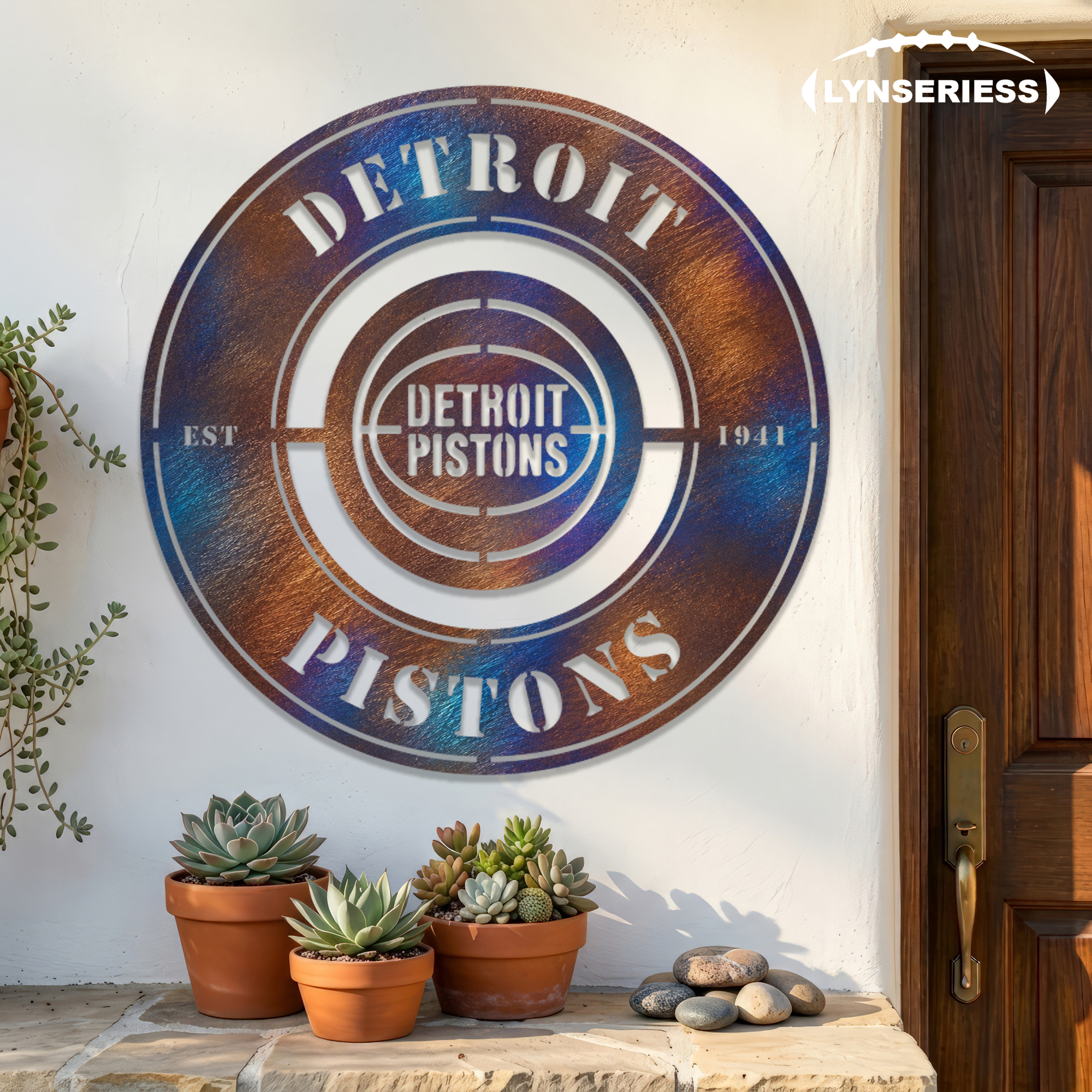 Detroit Pistons NBA Fire Roasted Metal Wall Art Basketball Fan Gift Outdoor Patio Porch Vintage Decor