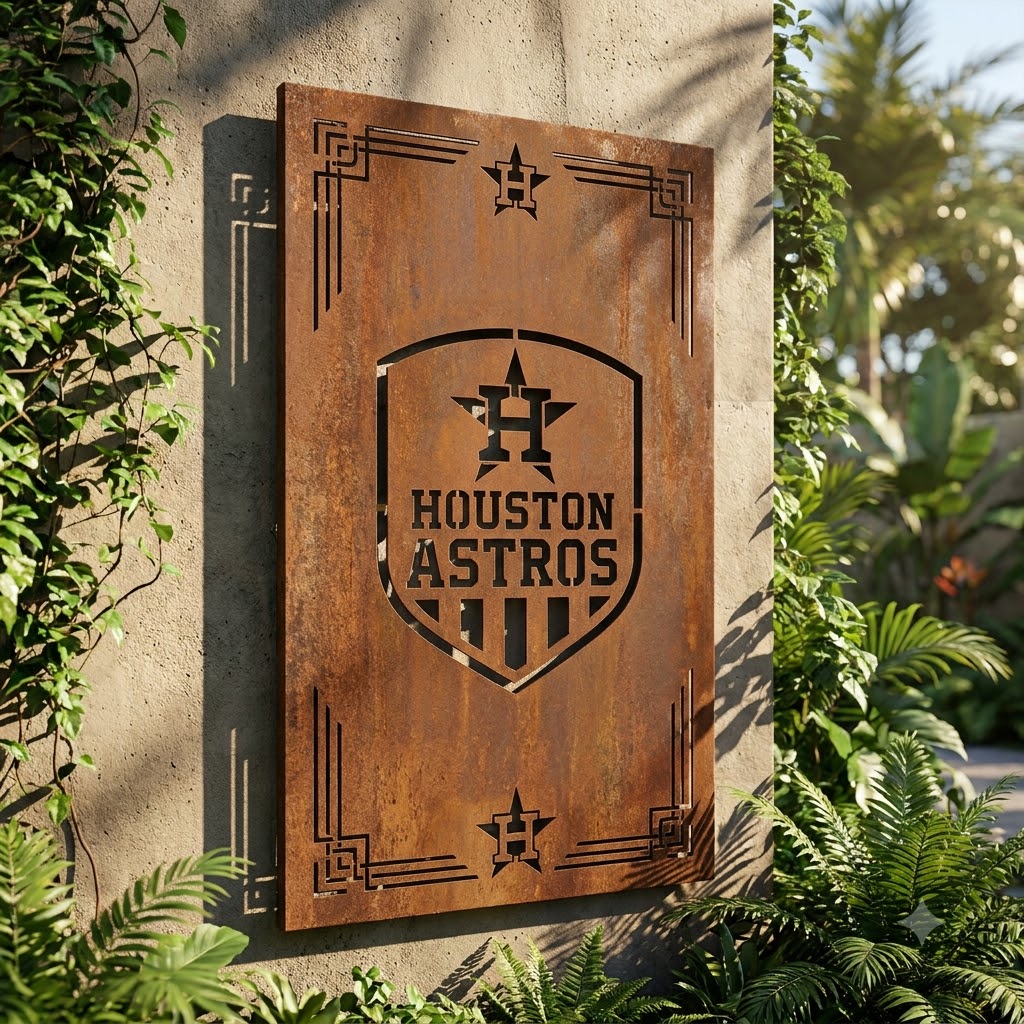 Houston Astros Shield Shape Metal Custom Metal Garden Panel MLB Fan Wall Art Home Decor