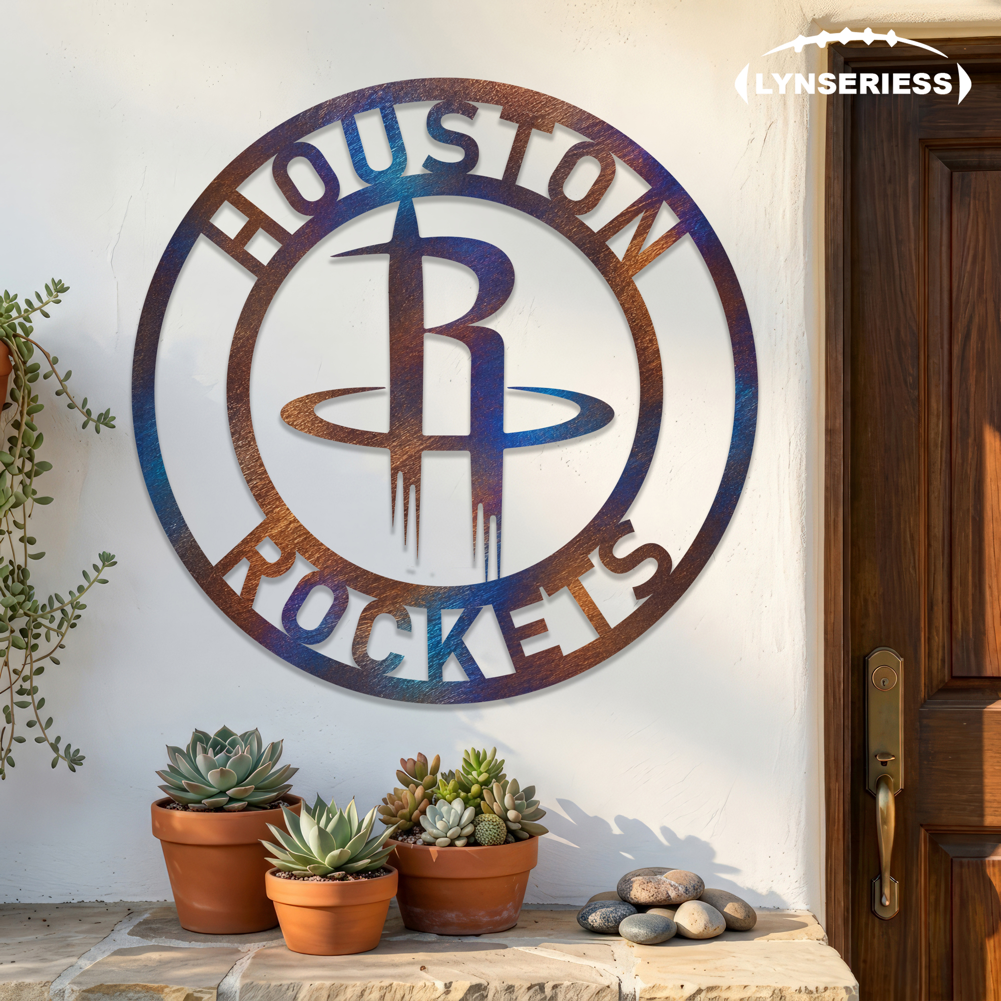 Houston Rockets NBA Fire Roasted Metal Wall Art Basketball Fan Gift Outdoor Patio Porch Vintage Decor