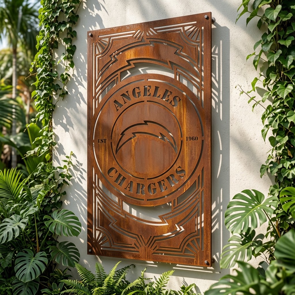 Los Angeles Chargers NFL Fire Roasted Metal Wall Art Football Fan Gift Outdoor Patio Porch Vintage D