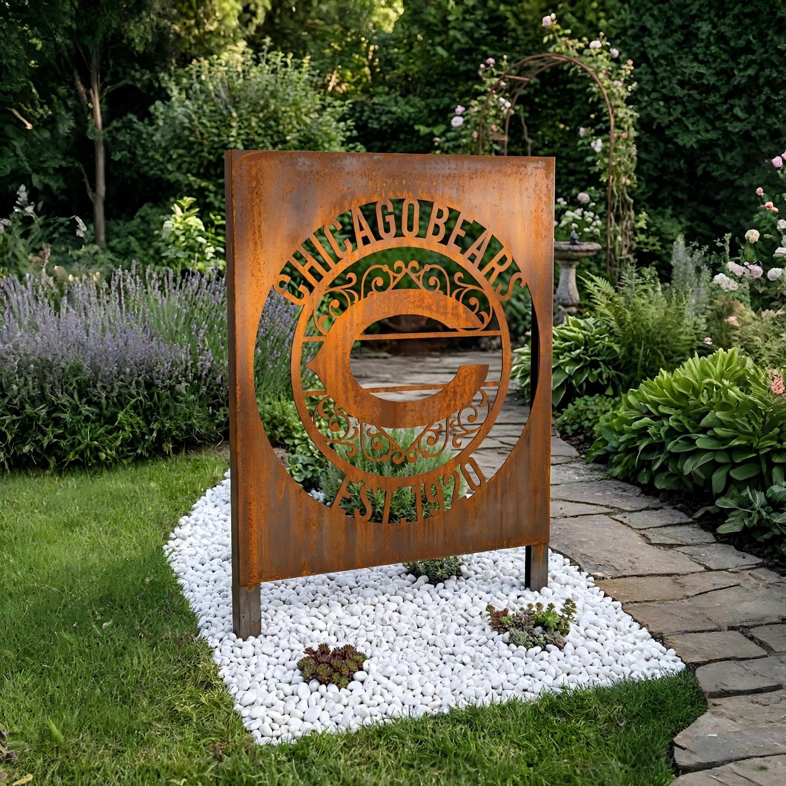 Chicago Bears Monogram Logo Metal Garden Panel – NFL American Football Fan Outdoor Yard Decor Gift