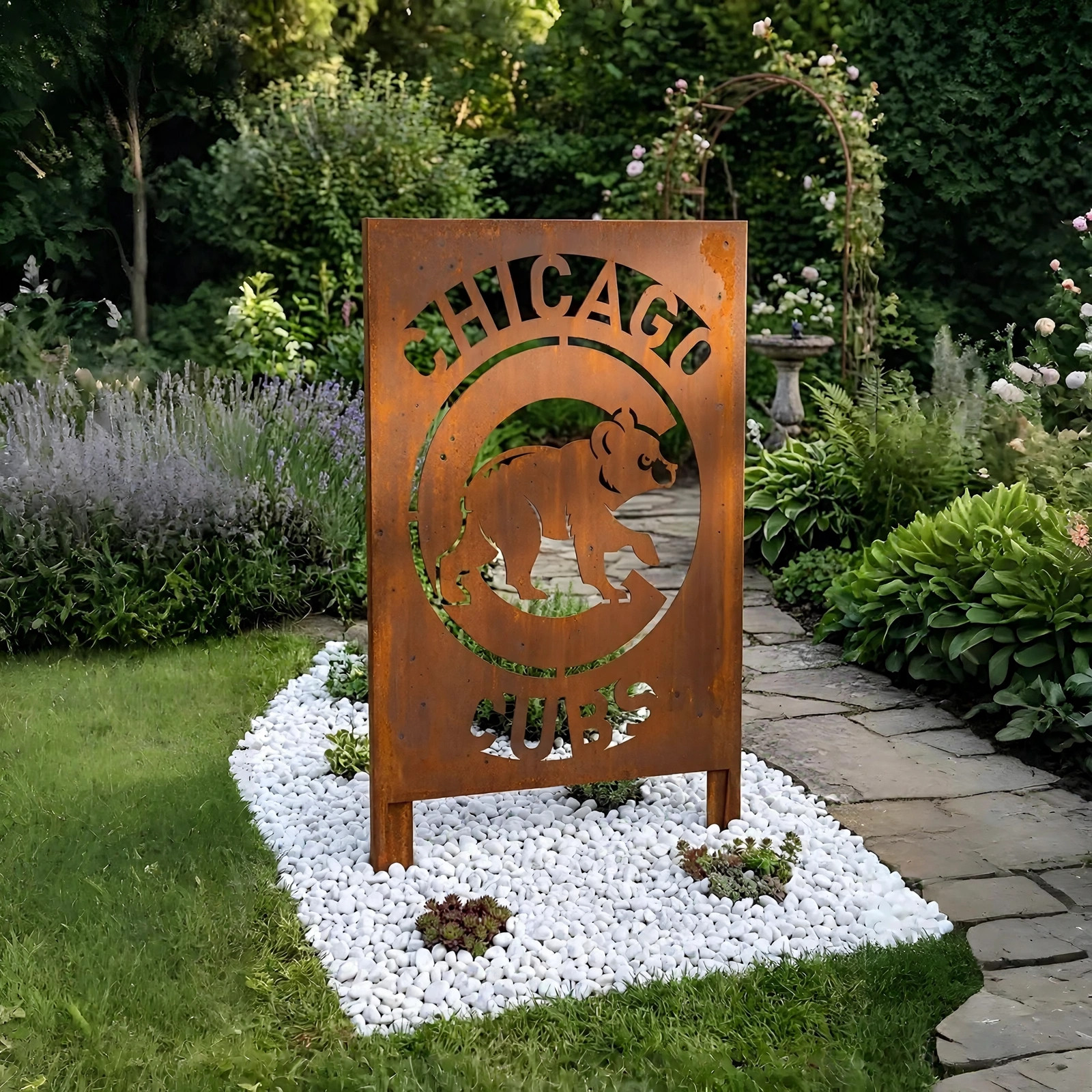 Chicago Cubs Logo Metal Garden Panel – MLB Baseball Fan Outdoor Yard Decor Gift