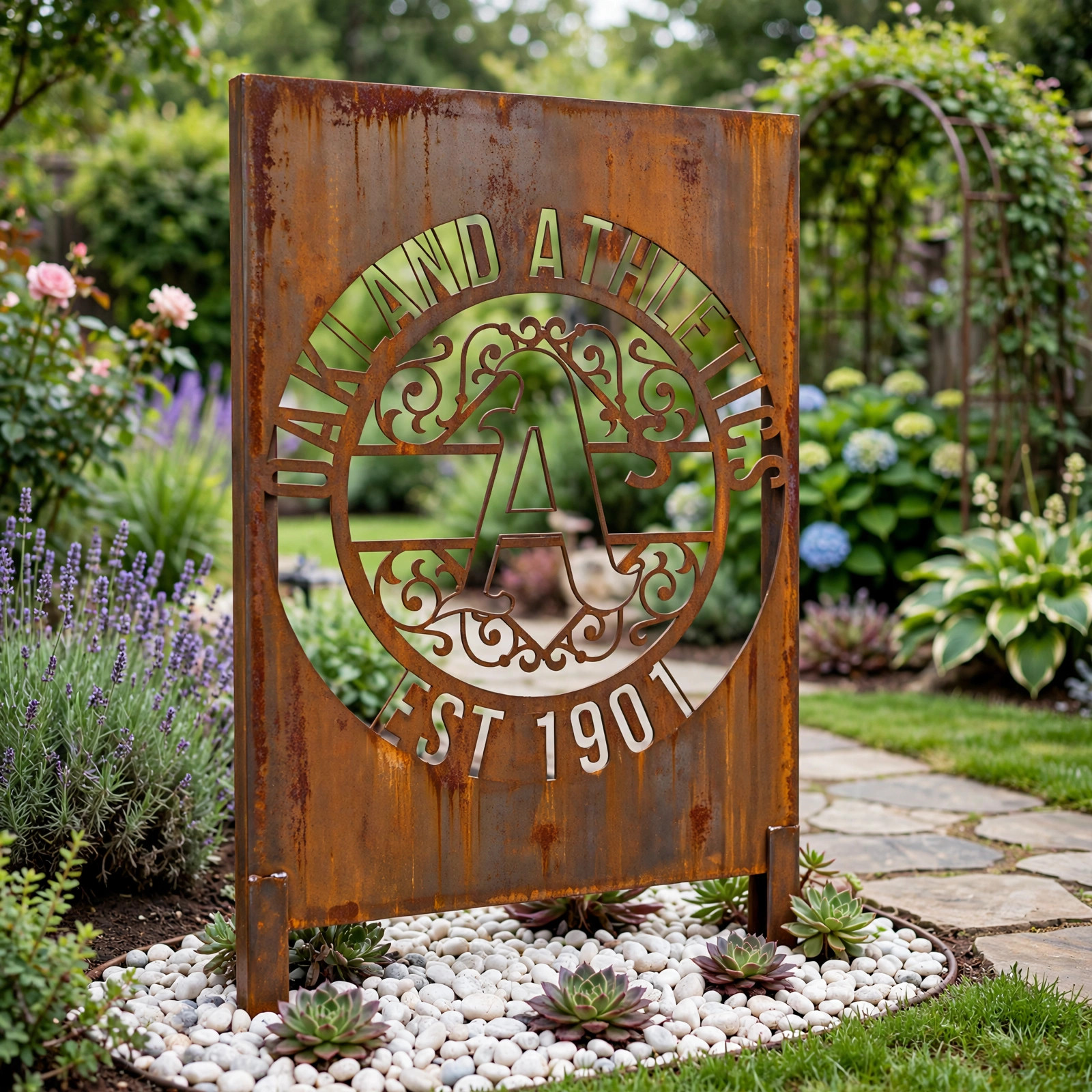 Oakland Athletics Monogram Logo Metal Garden Panel – MLB Baseball Fan Outdoor Yard Decor Gift