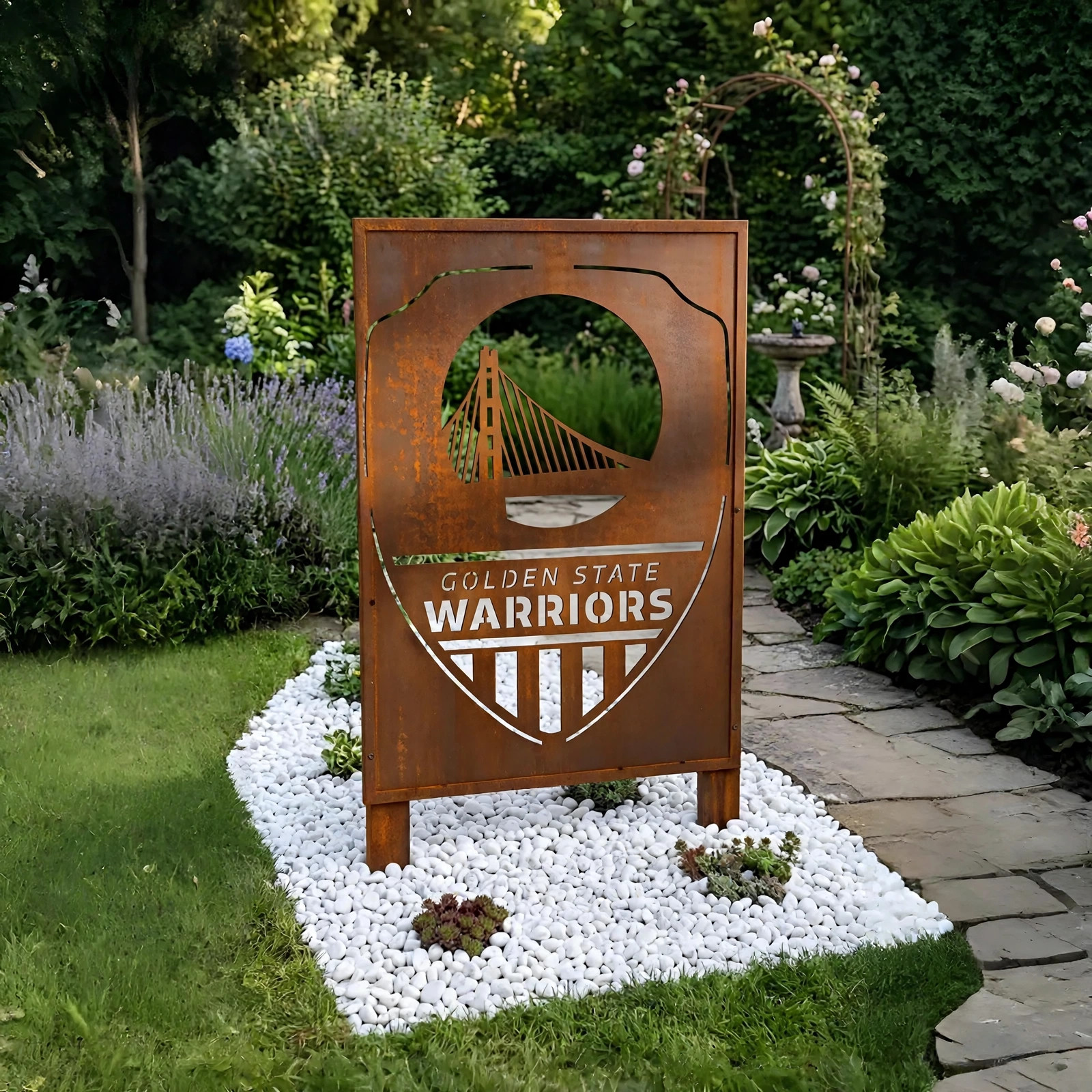Golden State Warriors Shield Logo Metal Garden Panel – NBA Basketball Fan Outdoor Yard Decor Gift