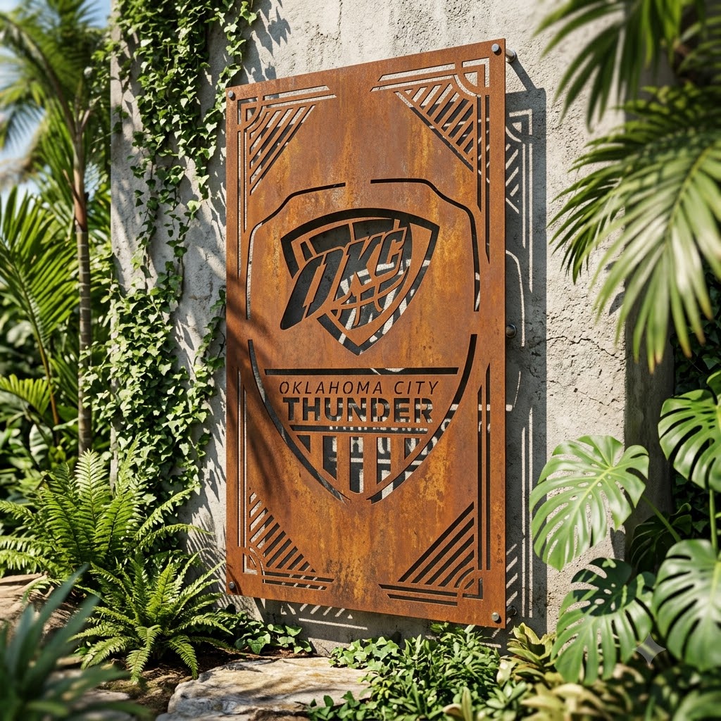 Oklahoma City Thunder Shield Shape Custom Metal Garden PanelNBA Fan Wall Art Home Decor