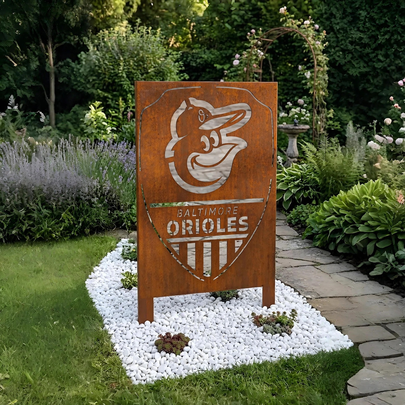 Baltimore Orioles Shield Logo Metal Garden Panel – MLB Baseball Fan Outdoor Yard Decor Gift
