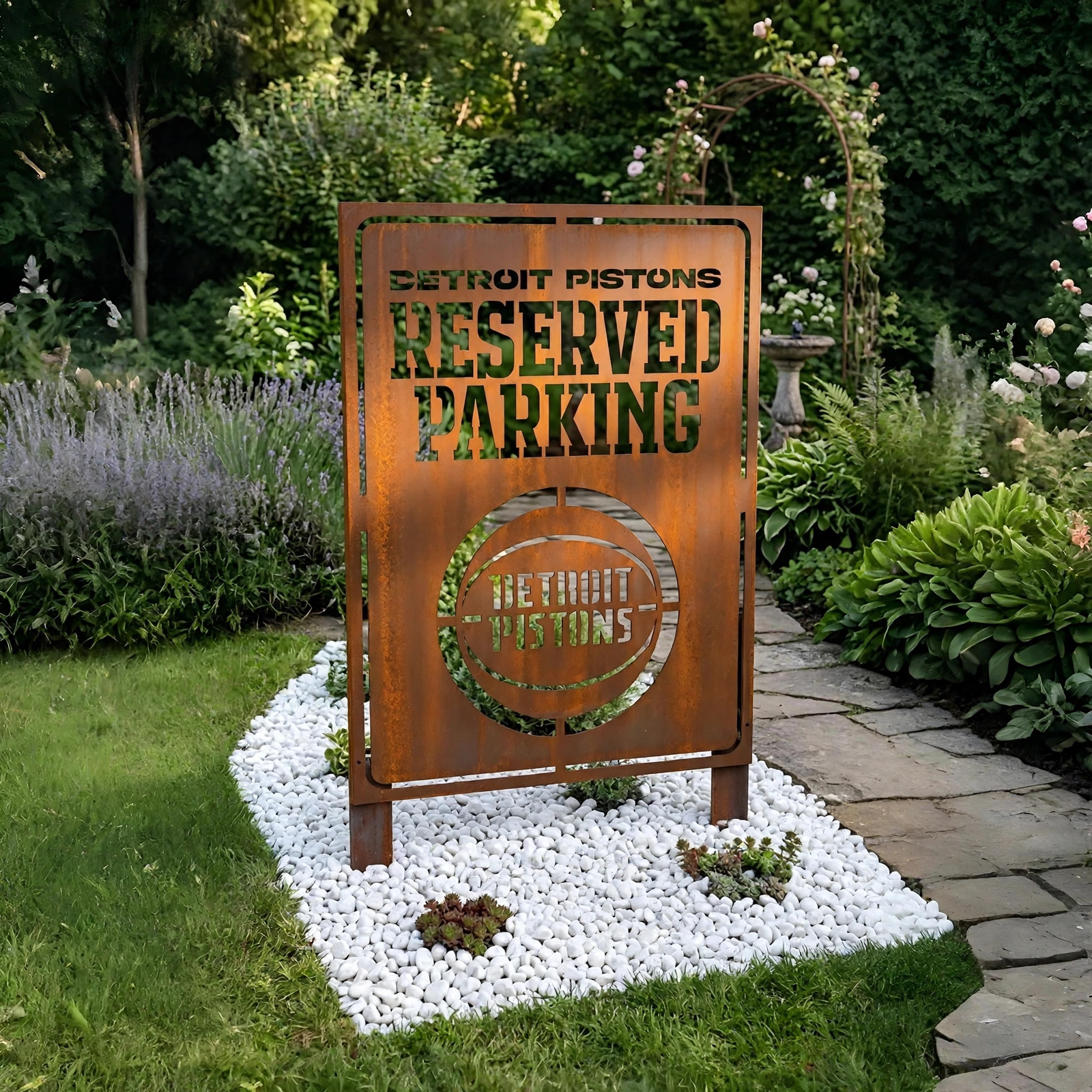 Detroit Pistons Reserved Parking Logo Metal Garden Panel – NBA Basketball Fan Outdoor Decor Gift