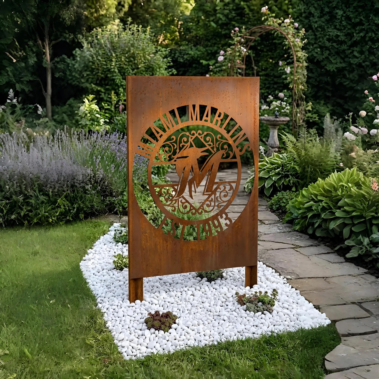 Miami Marlins Monogram Logo Metal Garden Panel – MLB Baseball Fan Outdoor Yard Decor Gift