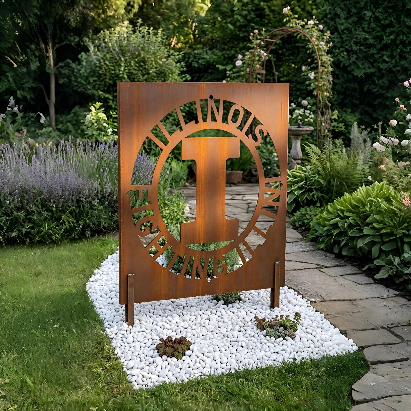 Illinois Fighting Illini Logo Metal Garden Panel – NCAA Basketball Fan Outdoor Yard Decor Gift