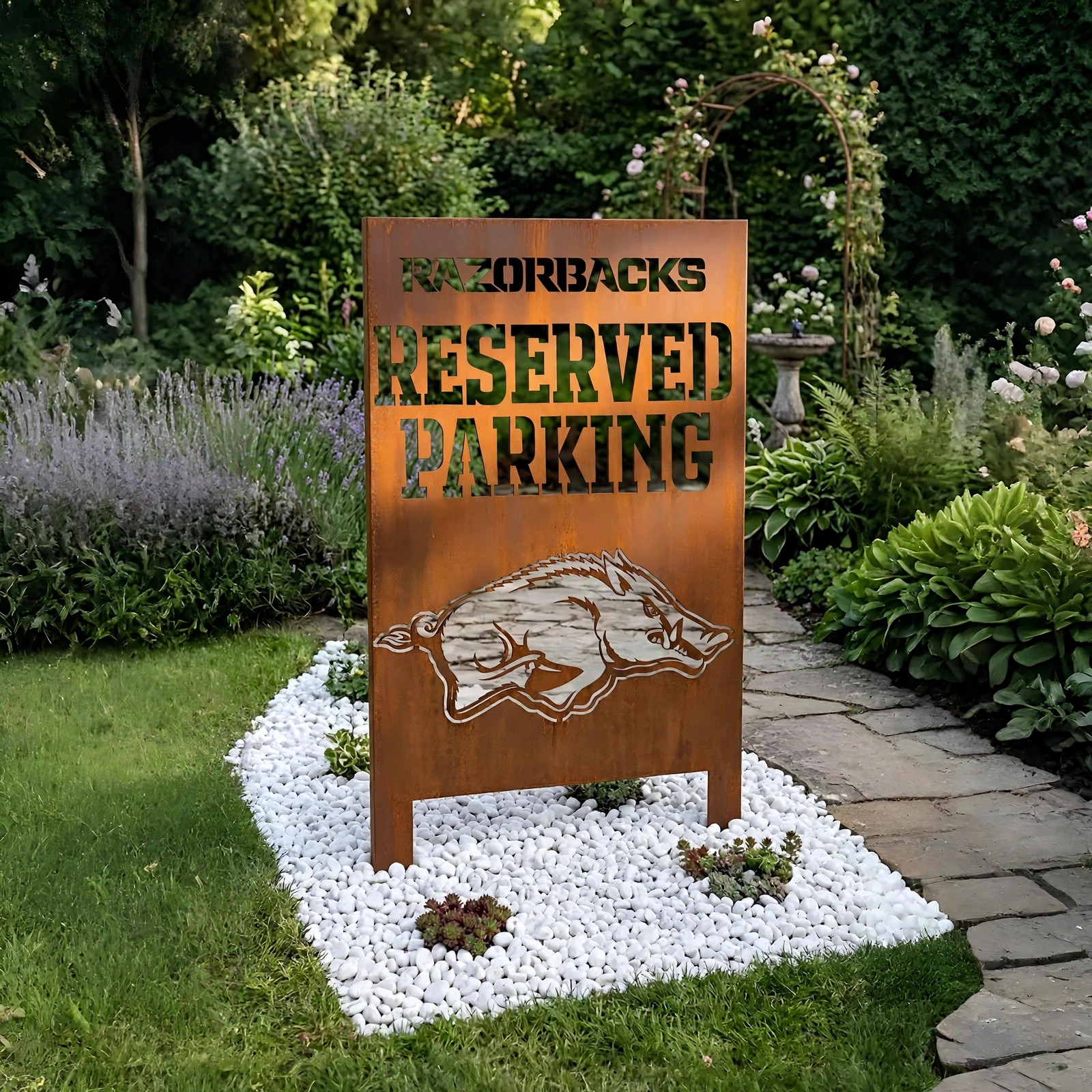 Arkansas Razorbacks Reserved Parking Logo Metal Garden Panel – NCAA American Football Fan Outdoor Decor Gift