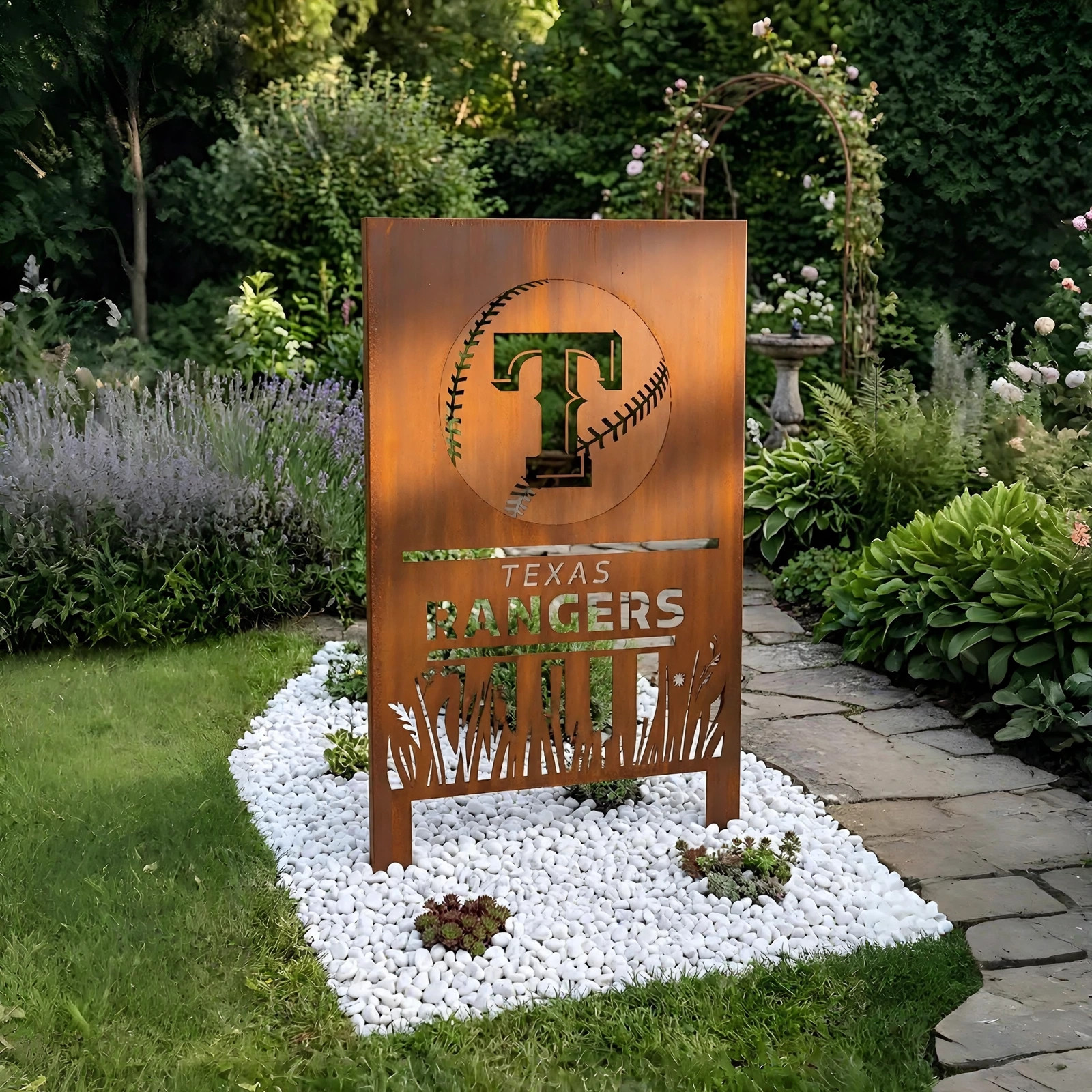 Texas Rangers Shield Logo Metal Garden Panel – MLB Baseball Fan Outdoor Yard Decor Gift