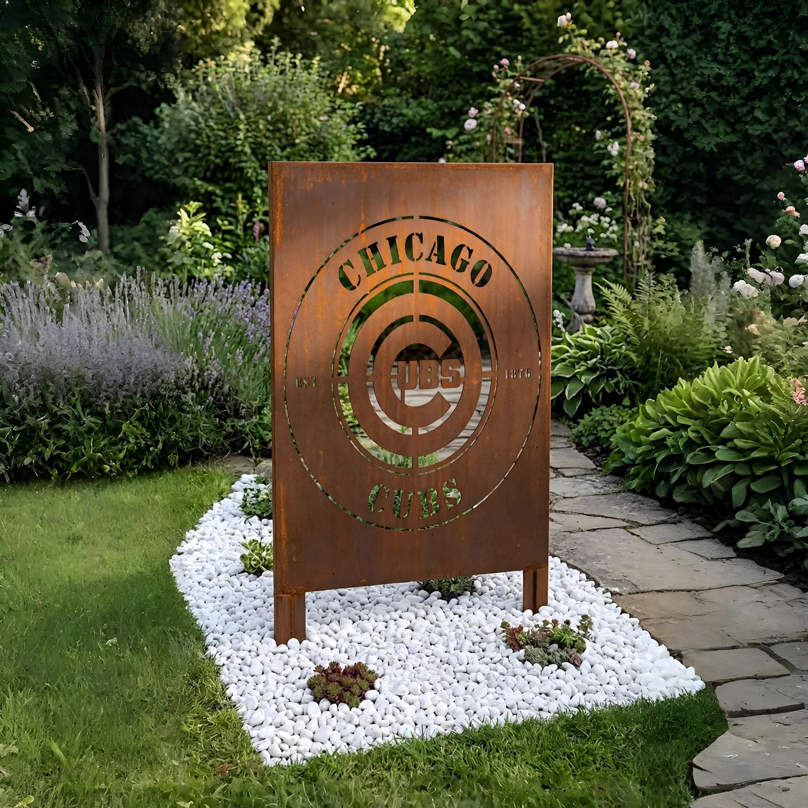 Chicago Cubs Logo Metal Garden Panel – MLB Baseball Fan Outdoor Yard Decor Gift