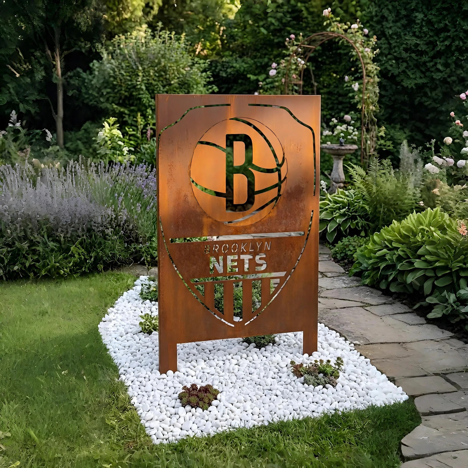 Brooklyn Nets Shield Logo Metal Garden Panel – NBA Basketball Fan Outdoor Yard Decor Gift