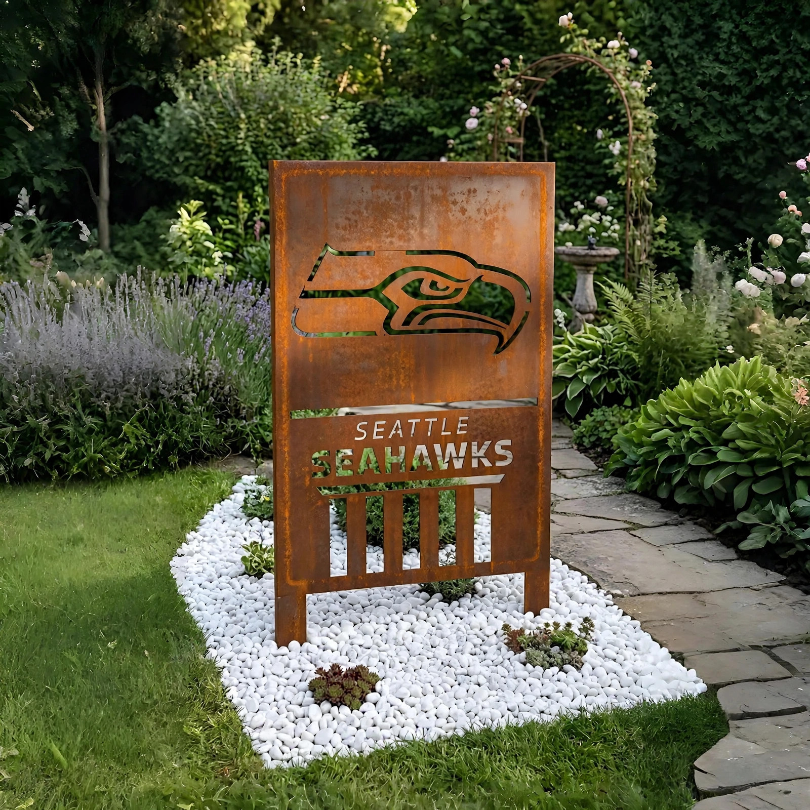 Seattle Seahawks Shield Logo Metal Garden Panel – NFL American Football Fan Outdoor Yard Decor Gift
