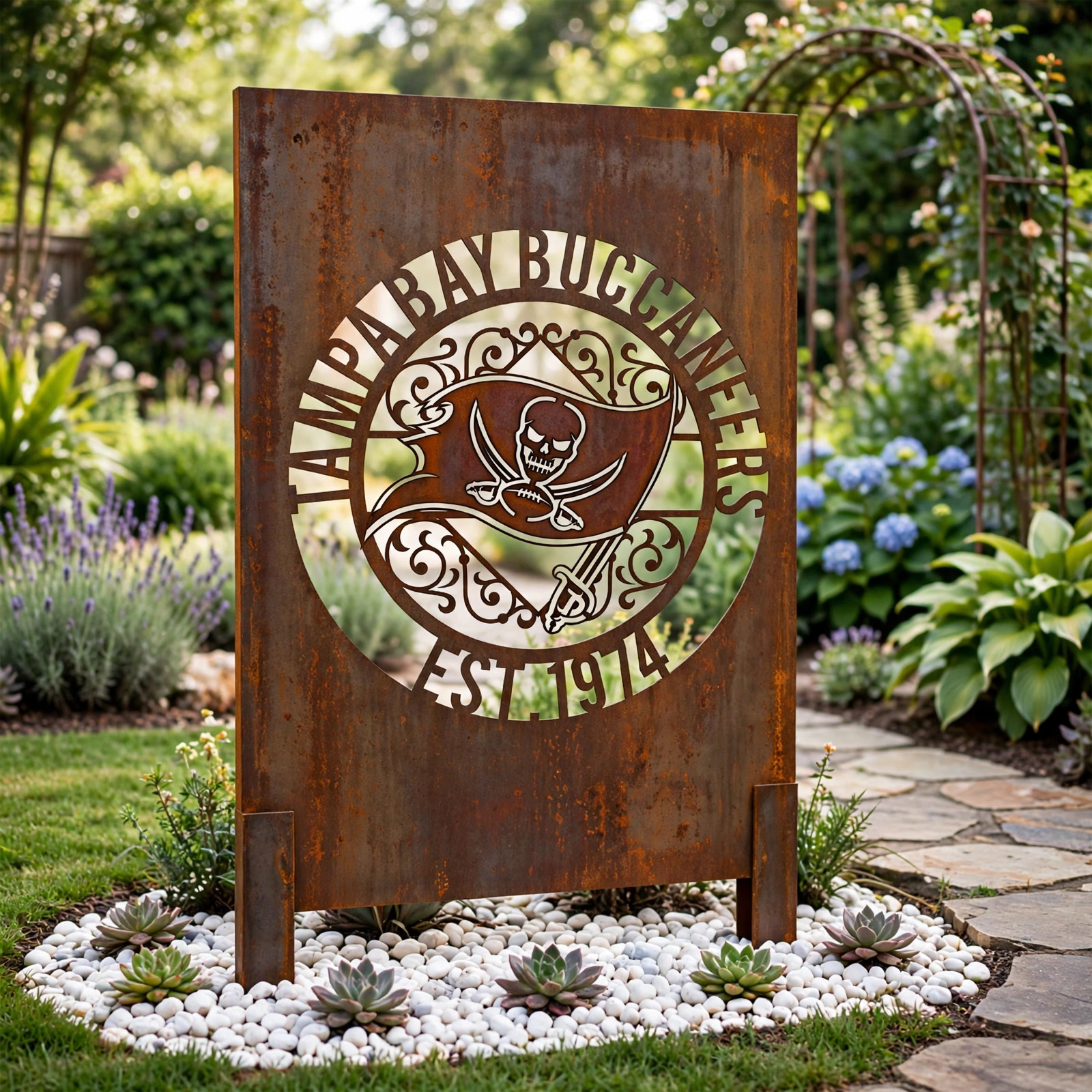 Tampa Bay Buccaneers Monogram Logo Metal Garden Panel – NFL American Football Fan Outdoor Decor Gift