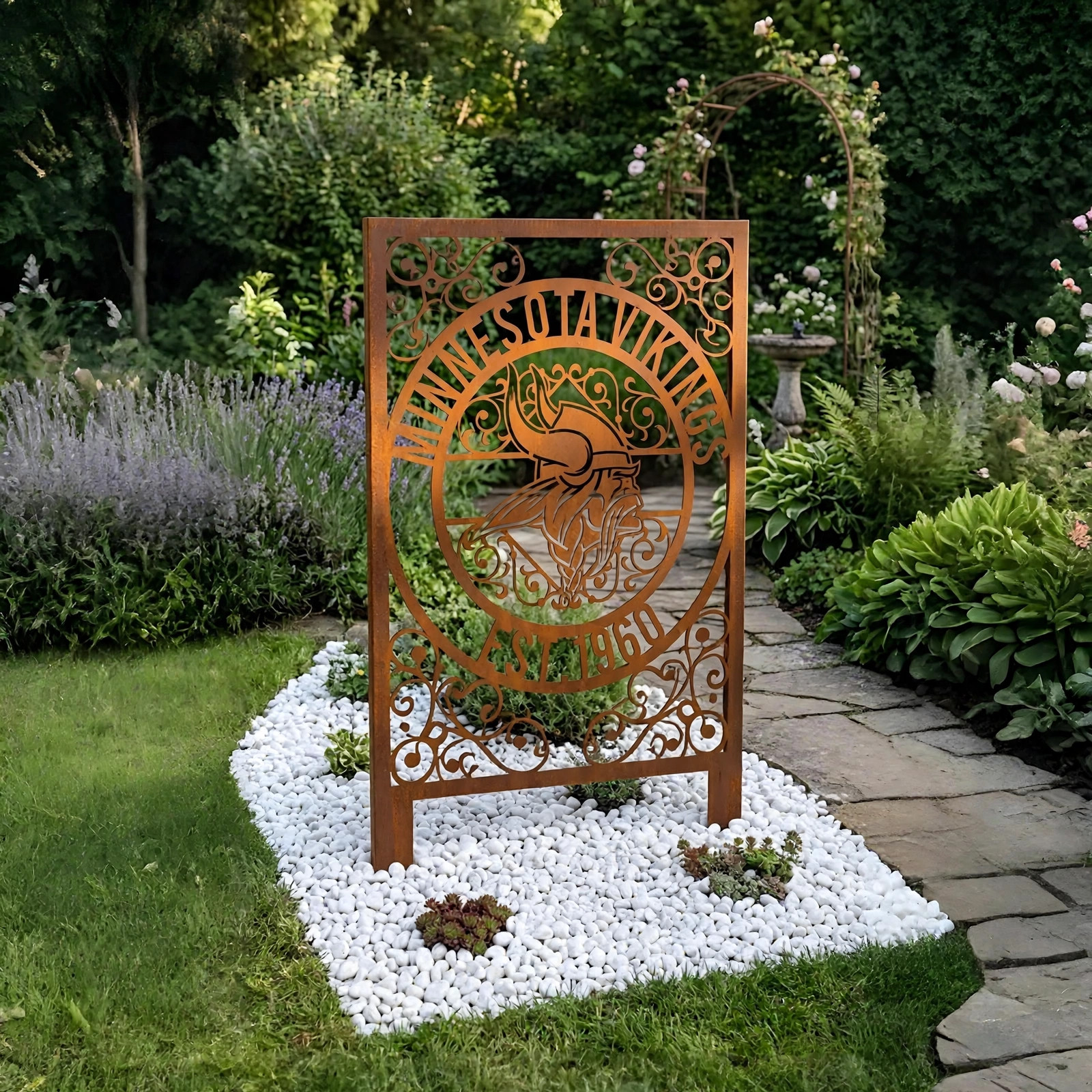 Minnesota Vikings Monogram Logo Metal Garden Panel – NFL American Football Fan Outdoor Decor Gift