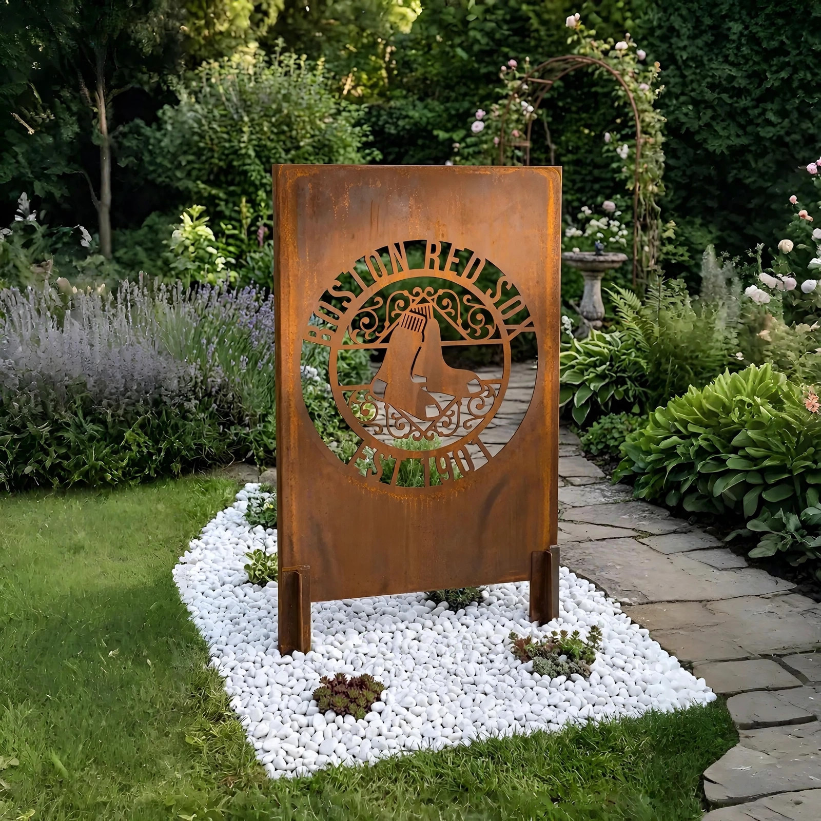 Boston Red Sox Monogram Logo Metal Garden Panel – MLB Baseball Fan Outdoor Yard Decor Gift