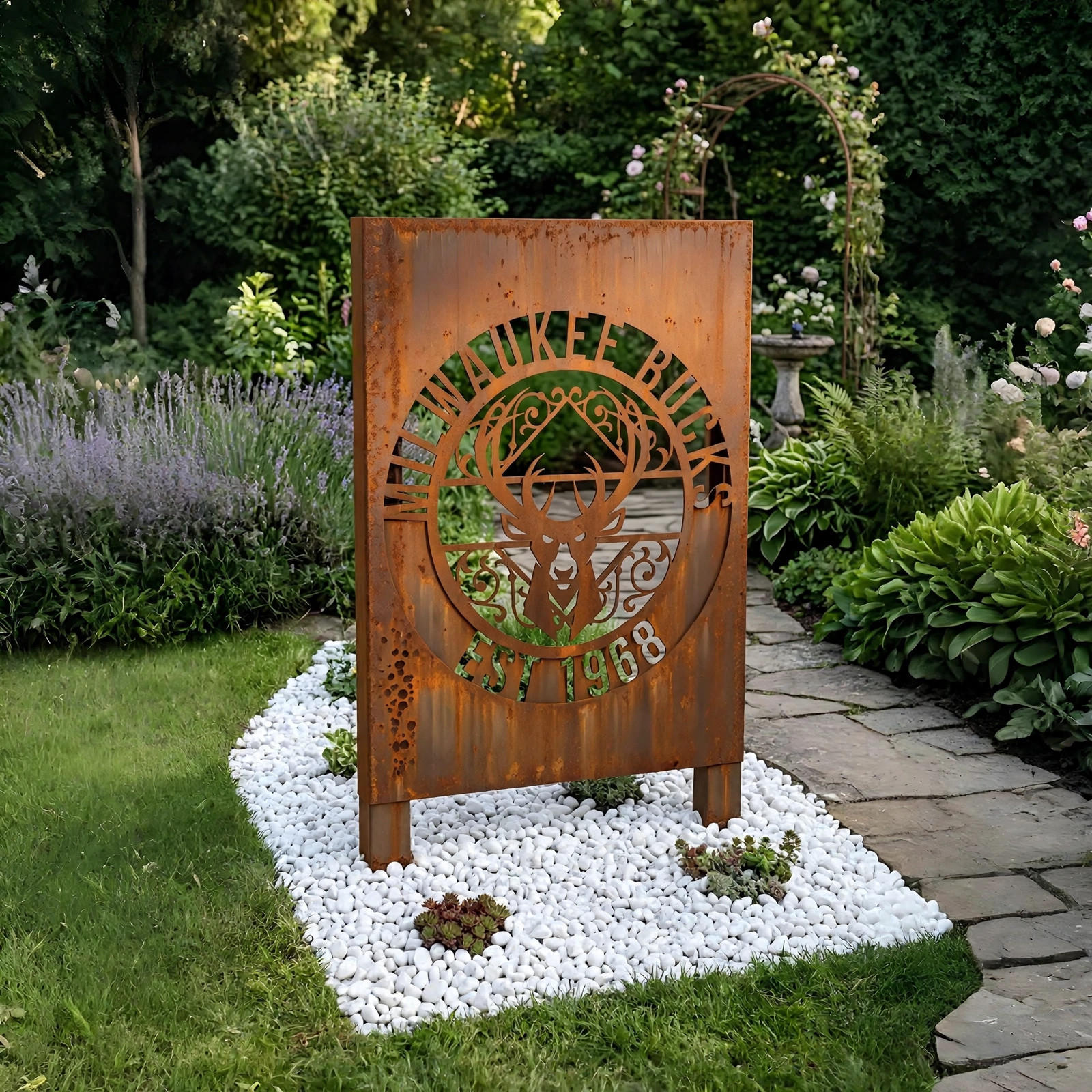 Milwaukee Bucks Monogram Logo Metal Garden Panel – NBA Basketball Fan Outdoor Yard Decor Gift