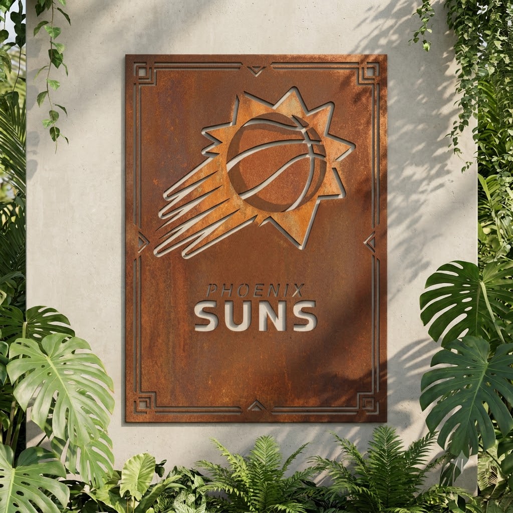 Phoenix Suns Shield Shape Custom Metal Garden PanelNBA Fan Wall Art Home Decor