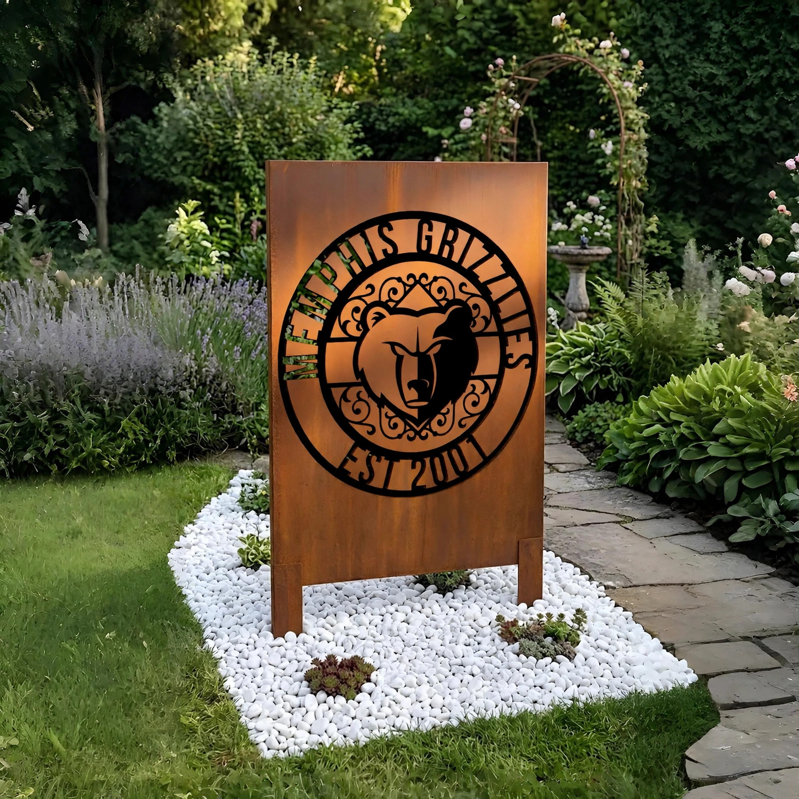 Memphis Grizzlies Monogram Logo Metal Garden Panel – NBA Basketball Fan Outdoor Yard Decor Gift