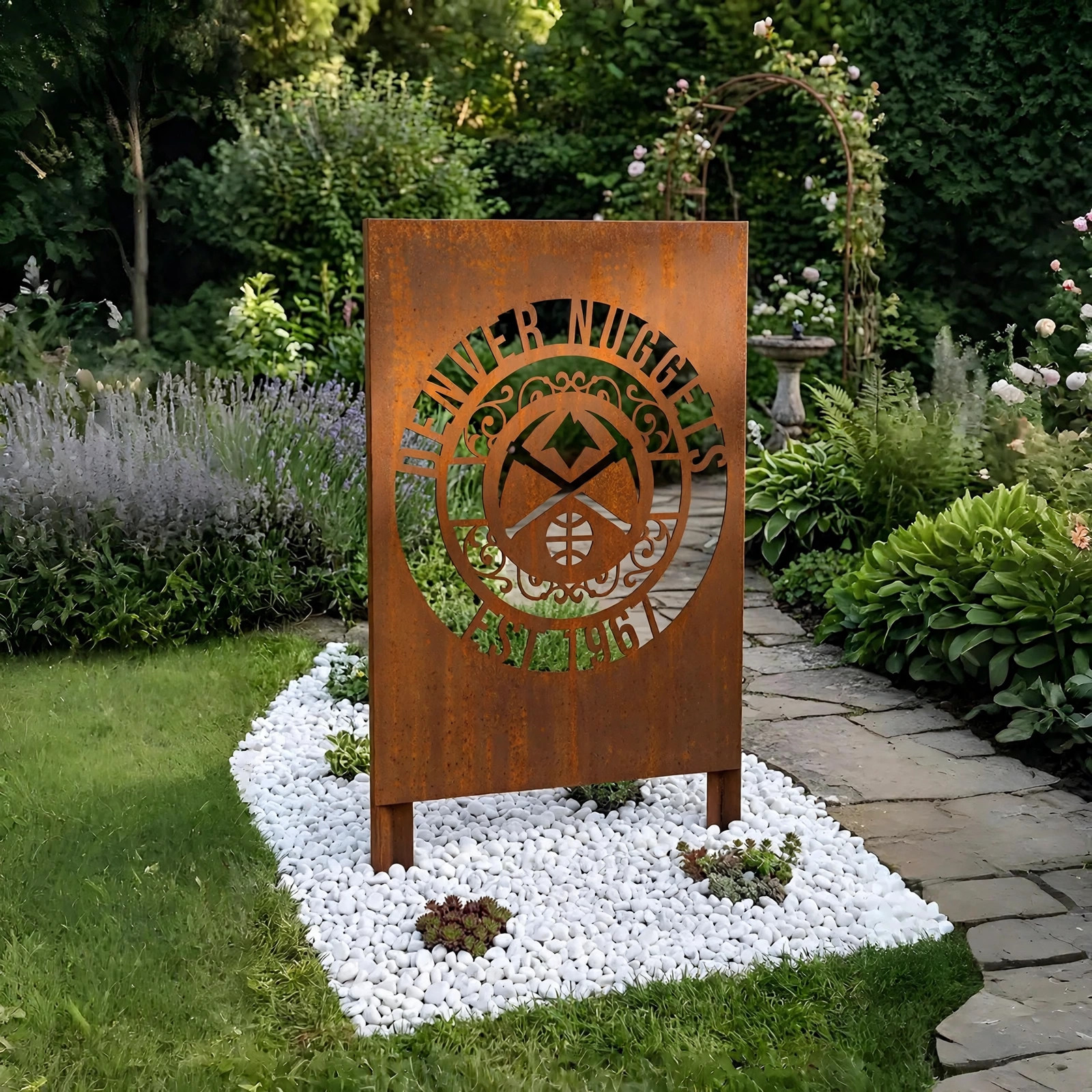 Denver Nuggets Monogram Logo Metal Garden Panel – NBA Basketball Fan Outdoor Yard Decor Gift