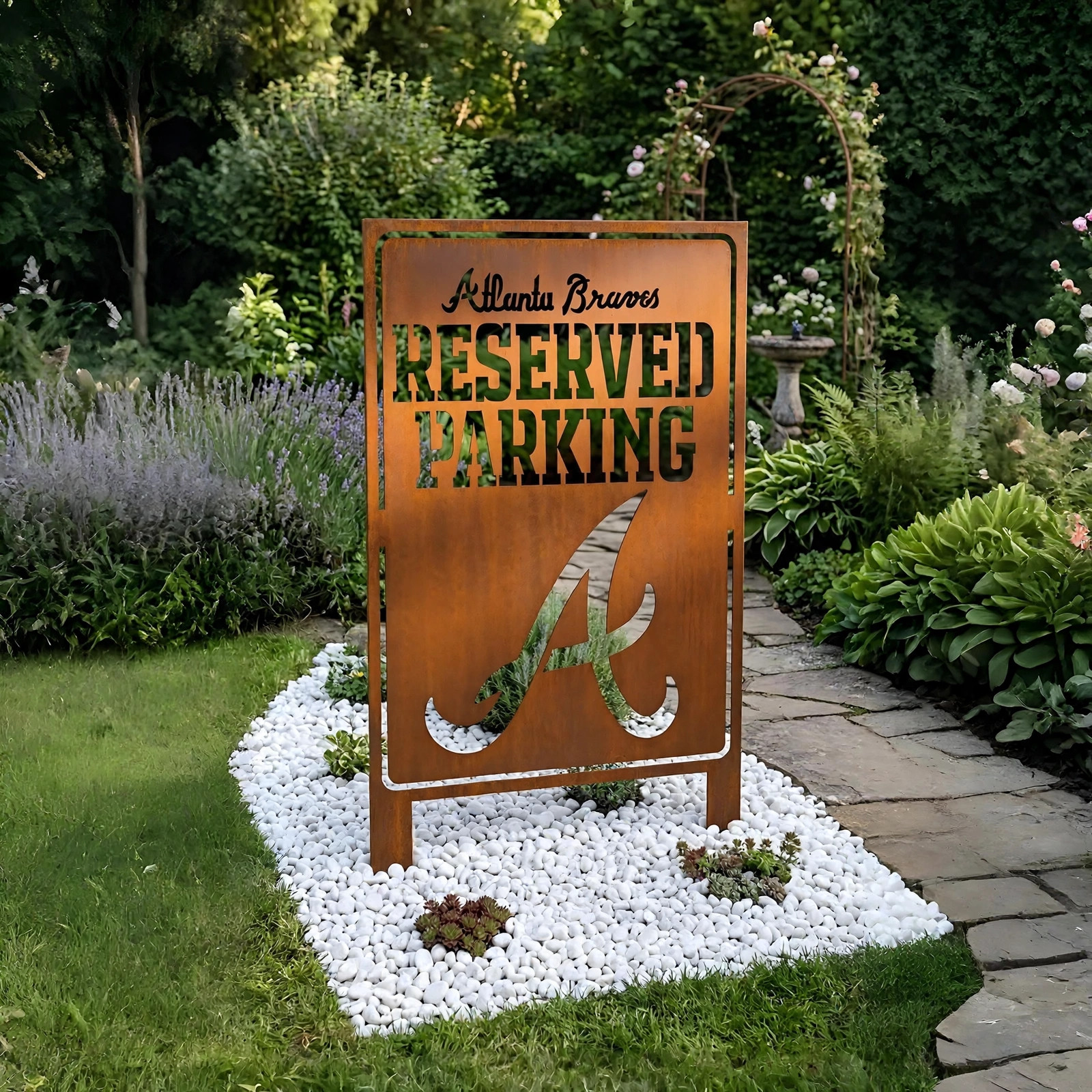 Atlanta Braves Reserved Parking Logo Metal Garden Panel – MLB Baseball Fan Outdoor Yard Decor Gift