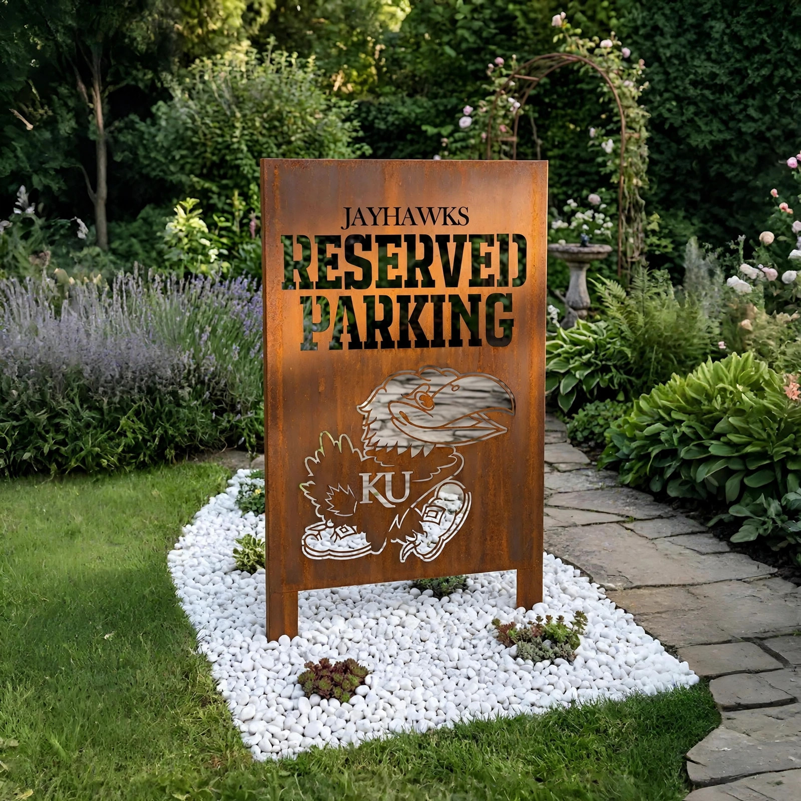 Kansas Jayhawks Reserved Parking Logo Metal Garden Panel – NCAA Basketball Fan Outdoor Decor Gift