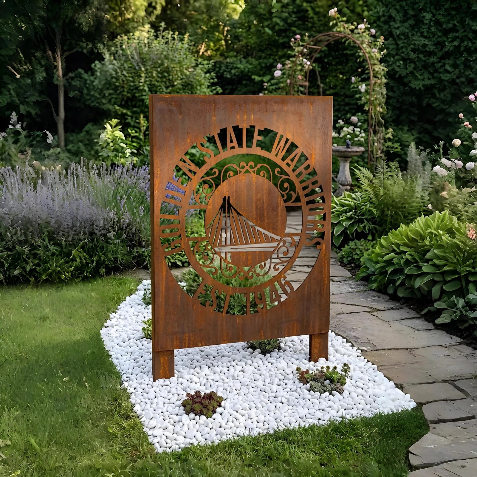 Golden State Warriors Monogram Logo Metal Garden Panel – NBA Basketball Fan Outdoor Yard Decor Gift