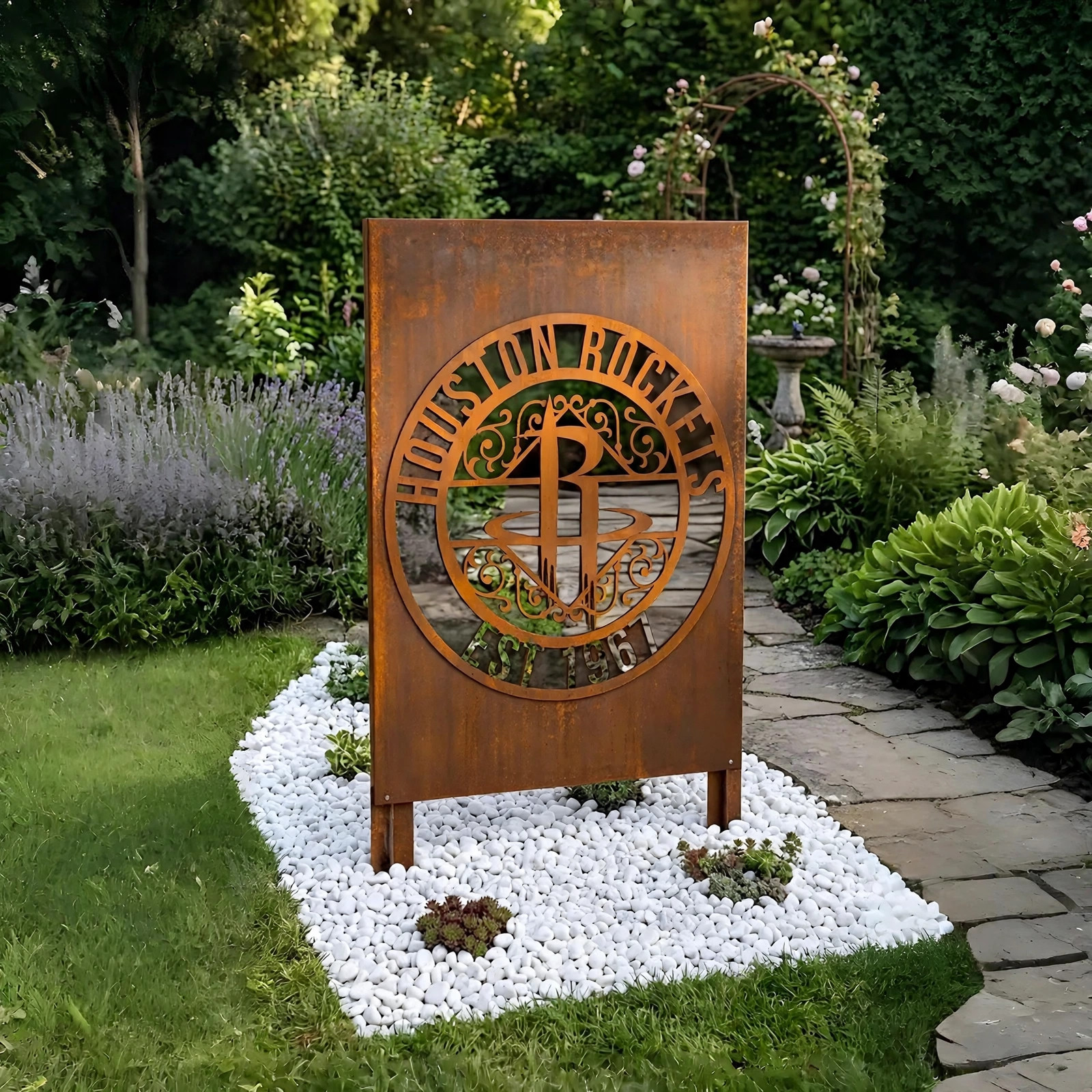 Houston Rockets Monogram Logo Metal Garden Panel – NBA Basketball Fan Outdoor Yard Decor Gift
