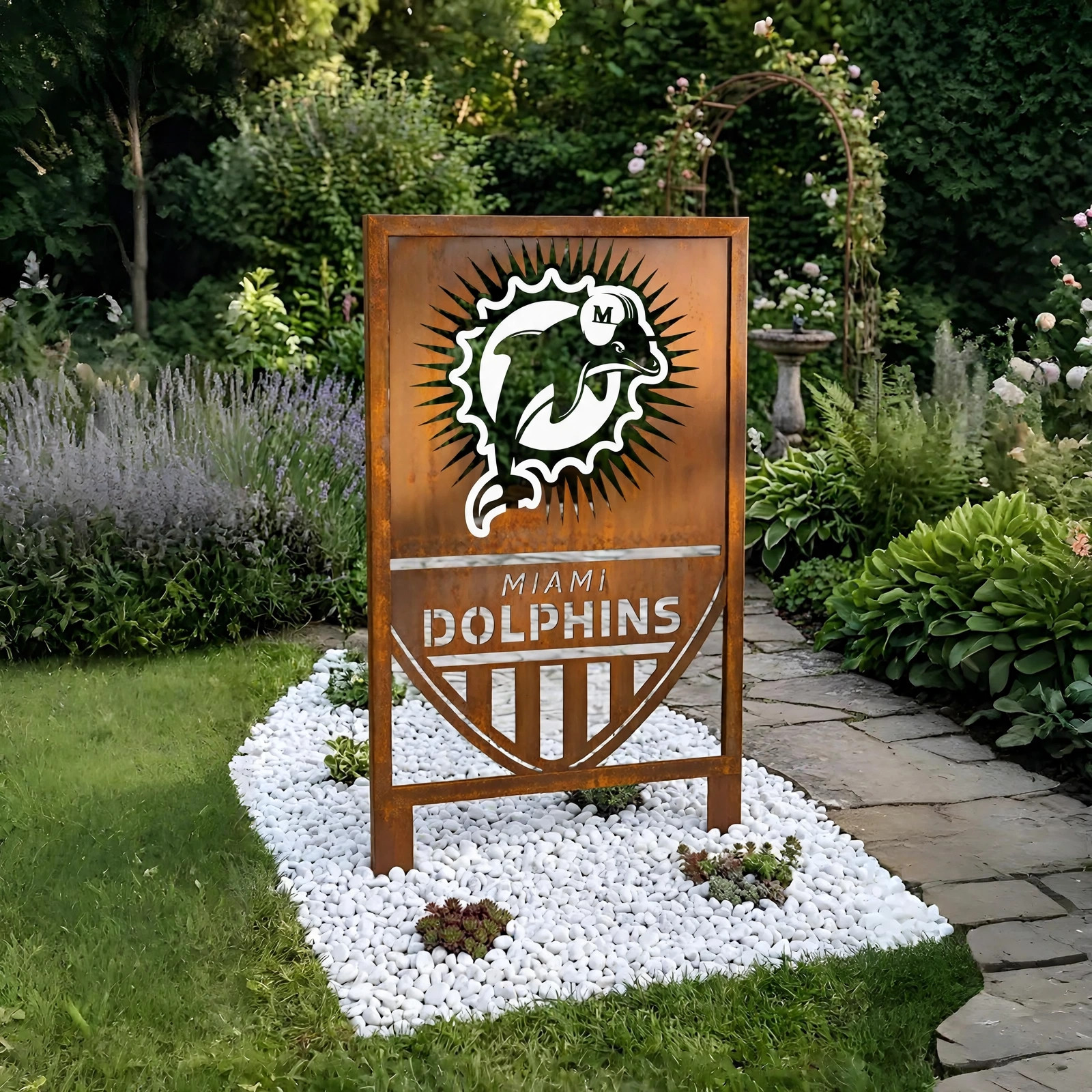 Miami Dolphins Shield Logo Metal Garden Panel – NFL American Football Fan Outdoor Yard Decor Gift