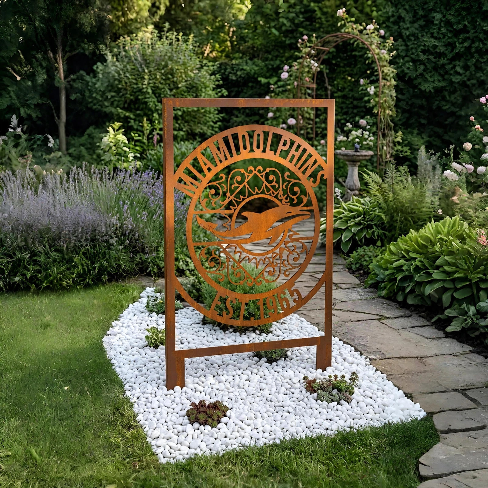 Miami Dolphins Monogram Logo Metal Garden Panel – NFL American Football Fan Outdoor Yard Decor Gift