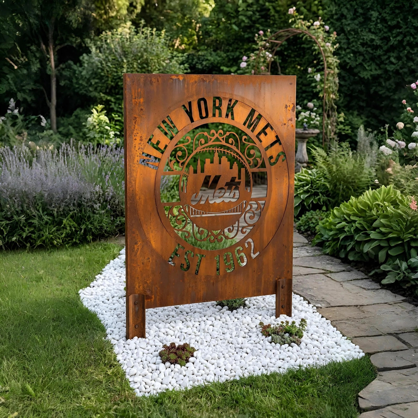 New York Mets Monogram Logo Metal Garden Panel – MLB Baseball Fan Outdoor Yard Decor Gift