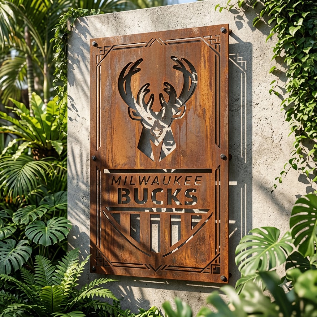 Milwaukee Bucks Shield Shape Custom Metal Garden PanelNBA Fan Wall Art Home Decor