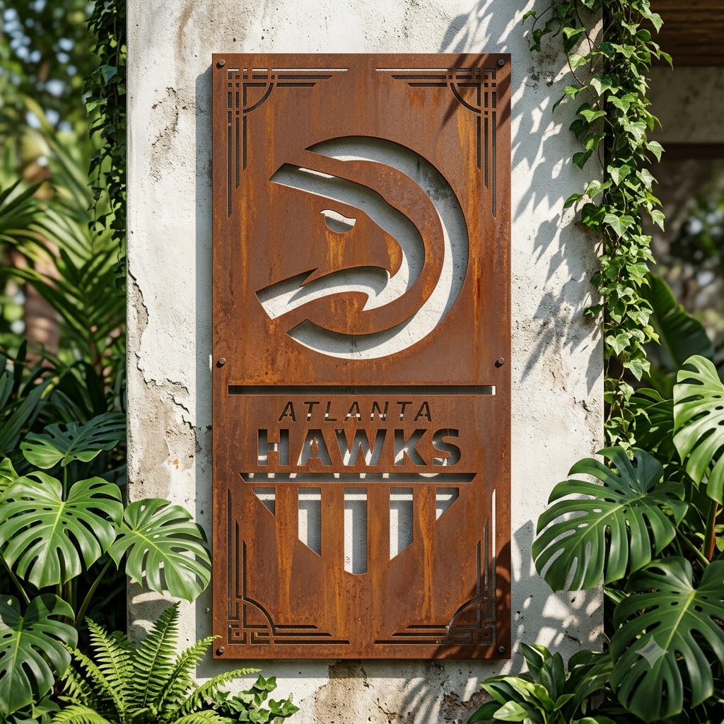 Atlanta Hawks Shield Shape Custom Metal Garden PanelNBA Fan Wall Art Home Decor