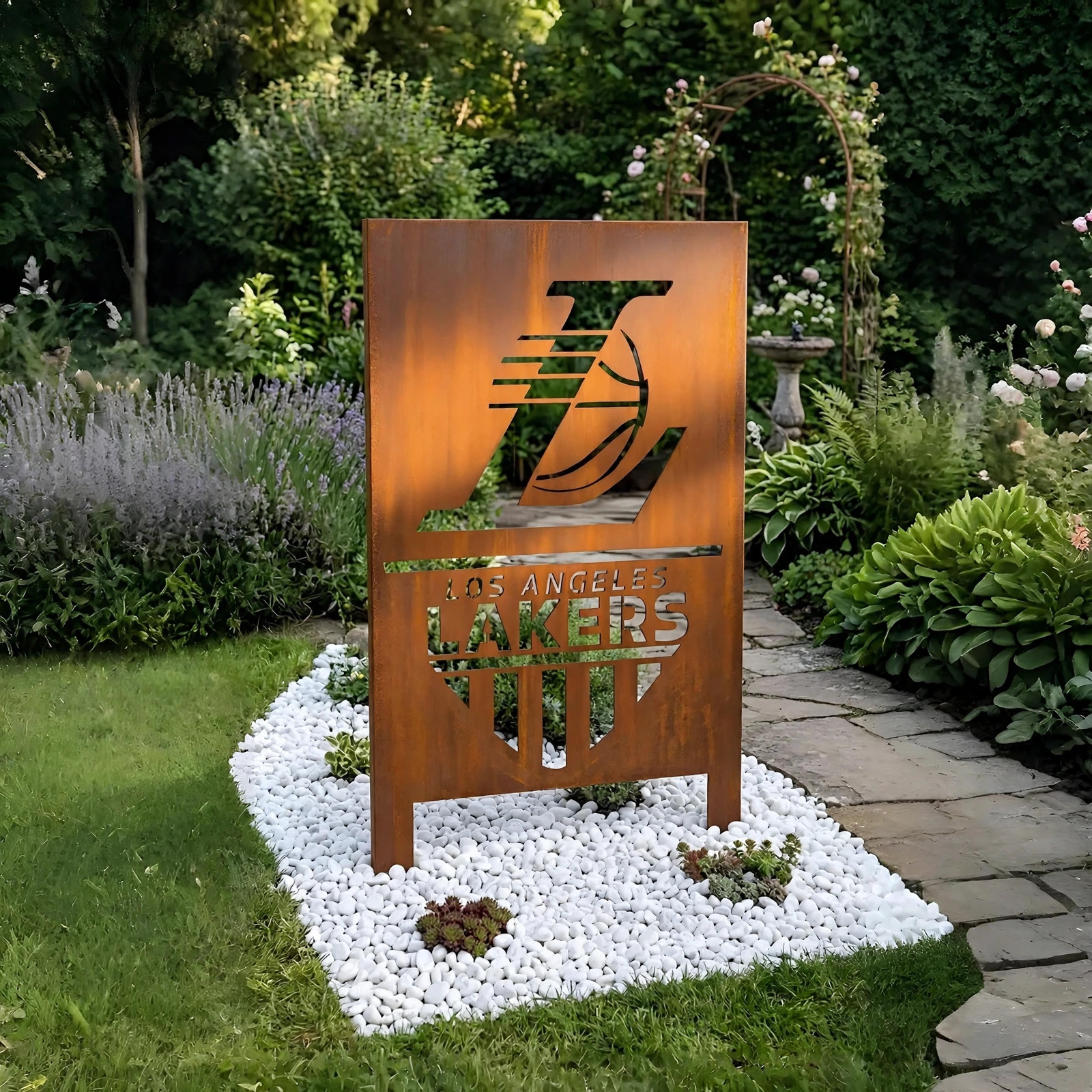 Los Angeles Lakers Shield Logo Metal Garden Panel – NBA Basketball Fan Outdoor Yard Decor Gift