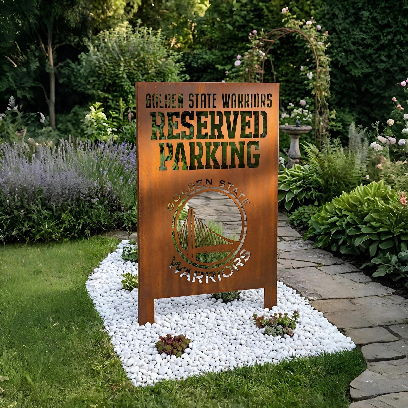 Golden State Warriors Reserved Parking Logo Metal Garden Panel – NBA Basketball Fan Outdoor Decor Gift