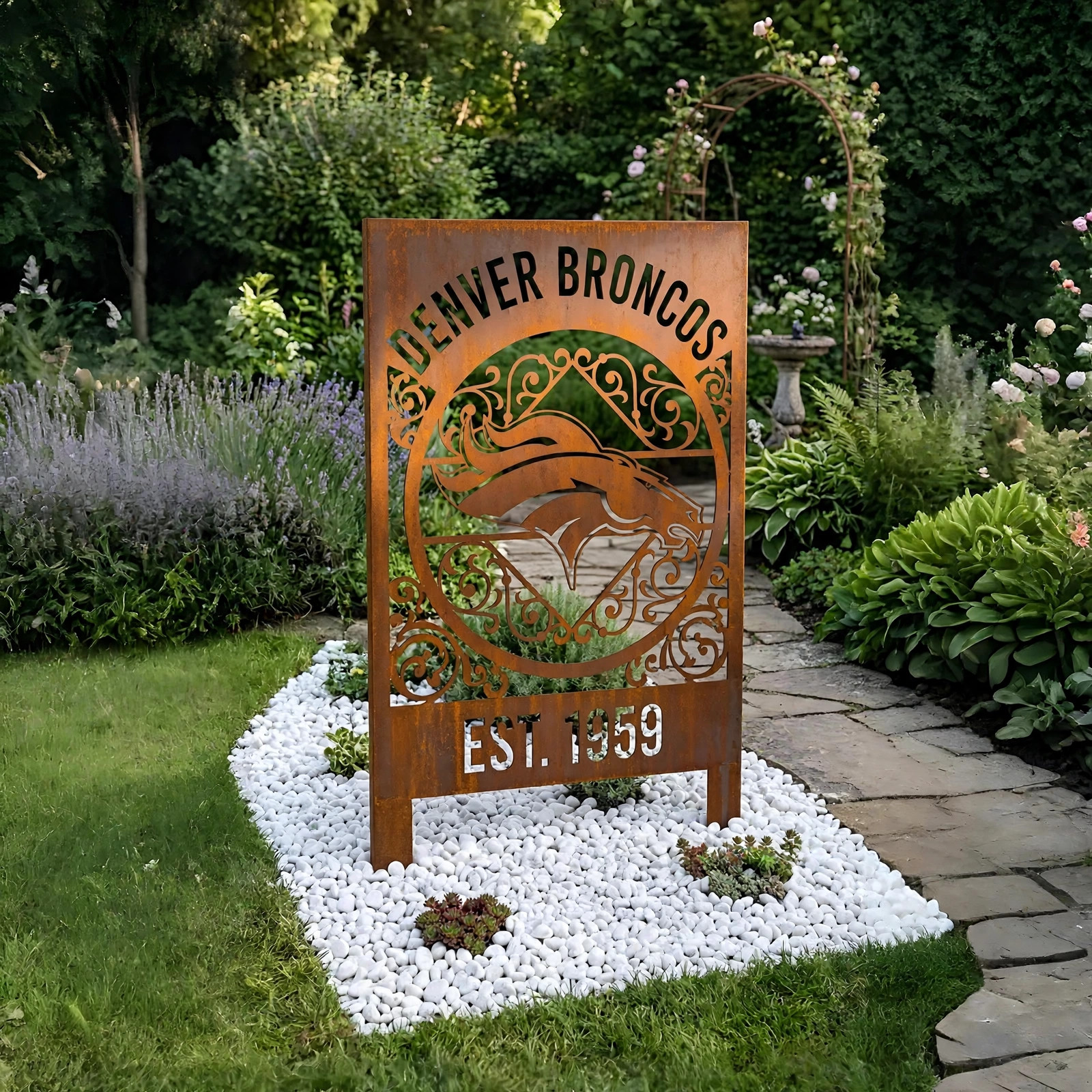 Denver Broncos Monogram Logo Metal Garden Panel – NFL American Football Fan Outdoor Yard Decor Gift