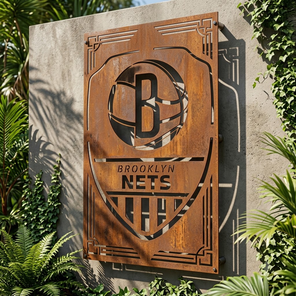 Brooklyn Nets Shield Shape Custom Metal Garden PanelNBA Fan Wall Art Home Decor