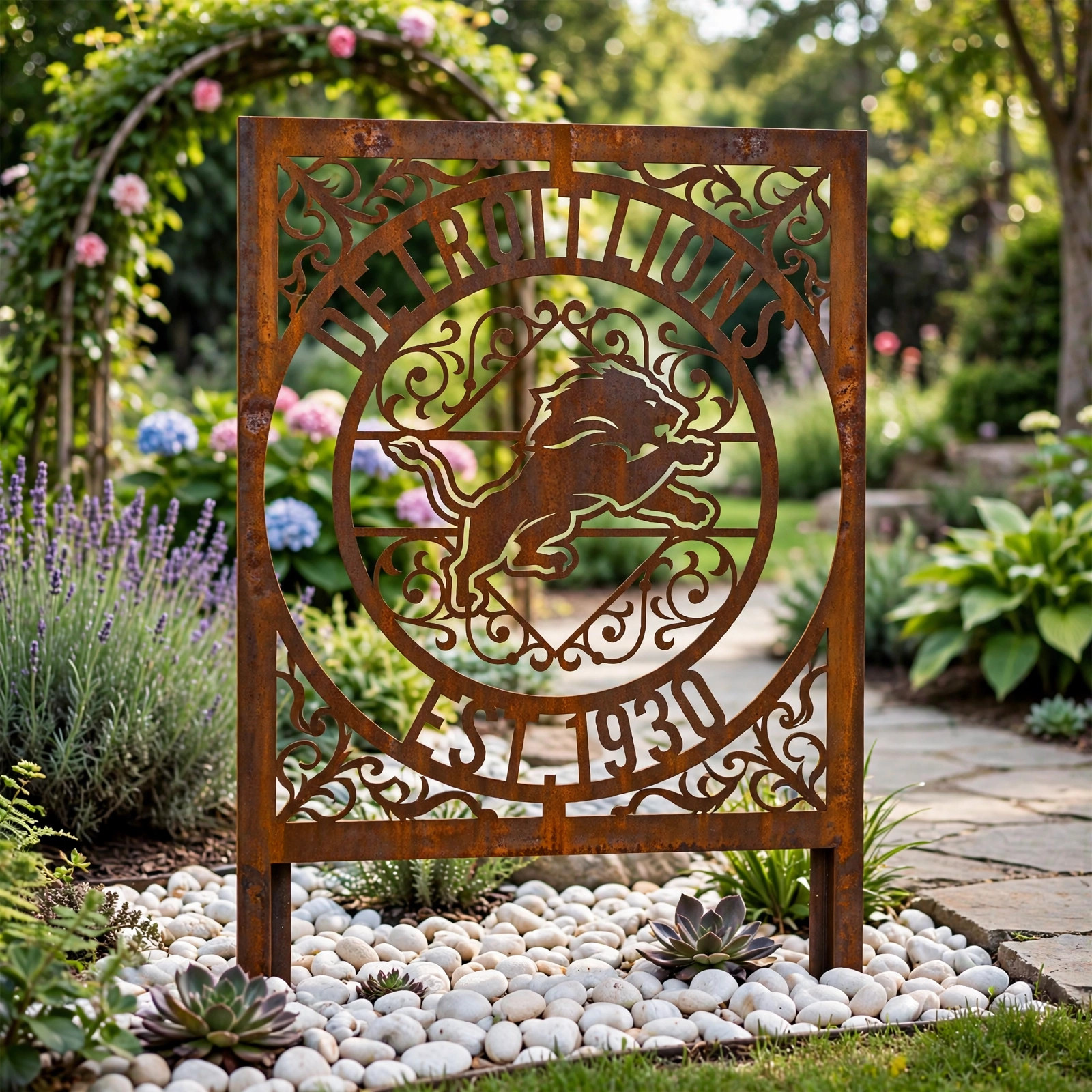 Detroit Lions Monogram Logo Metal Garden Panel – NFL American Football Fan Outdoor Yard Decor Gift