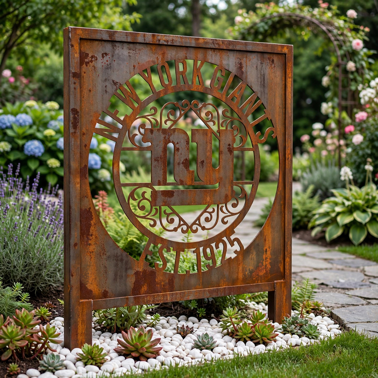 New York Giants Monogram Logo Metal Garden Panel – NFL American Football Fan Outdoor Yard Decor Gift