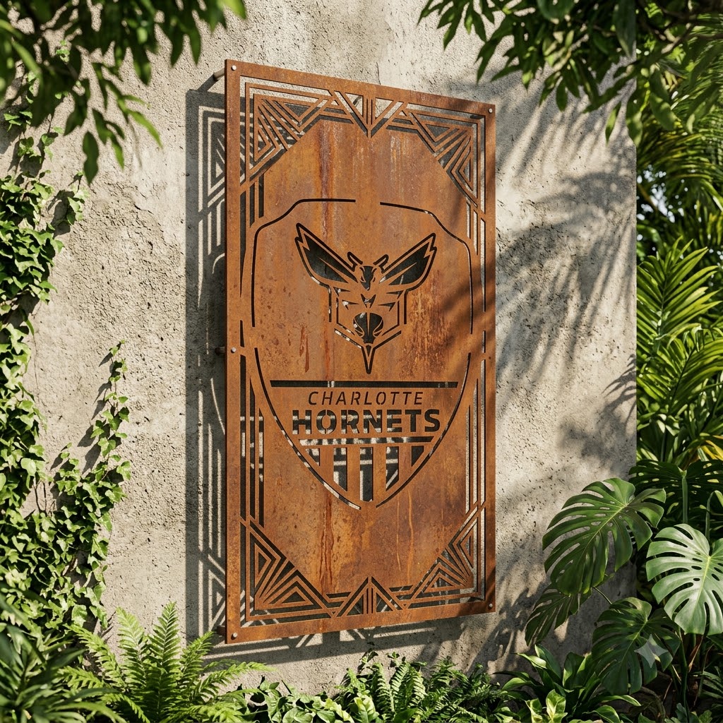Charlotte Hornets Shield Shape Custom Metal Garden PanelNBA Fan Wall Art Home Decor