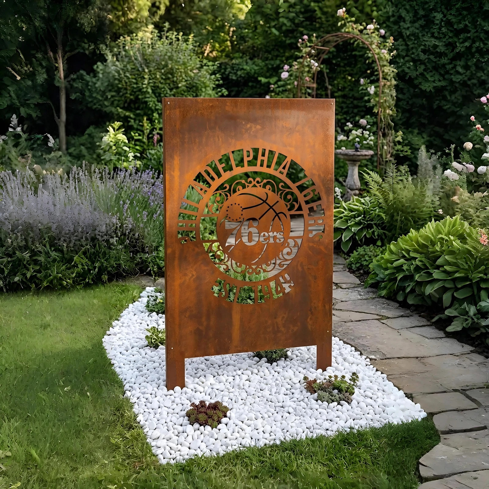 Philadelphia 76ers Monogram Logo Metal Garden Panel – NBA Basketball Fan Outdoor Yard Decor Gift