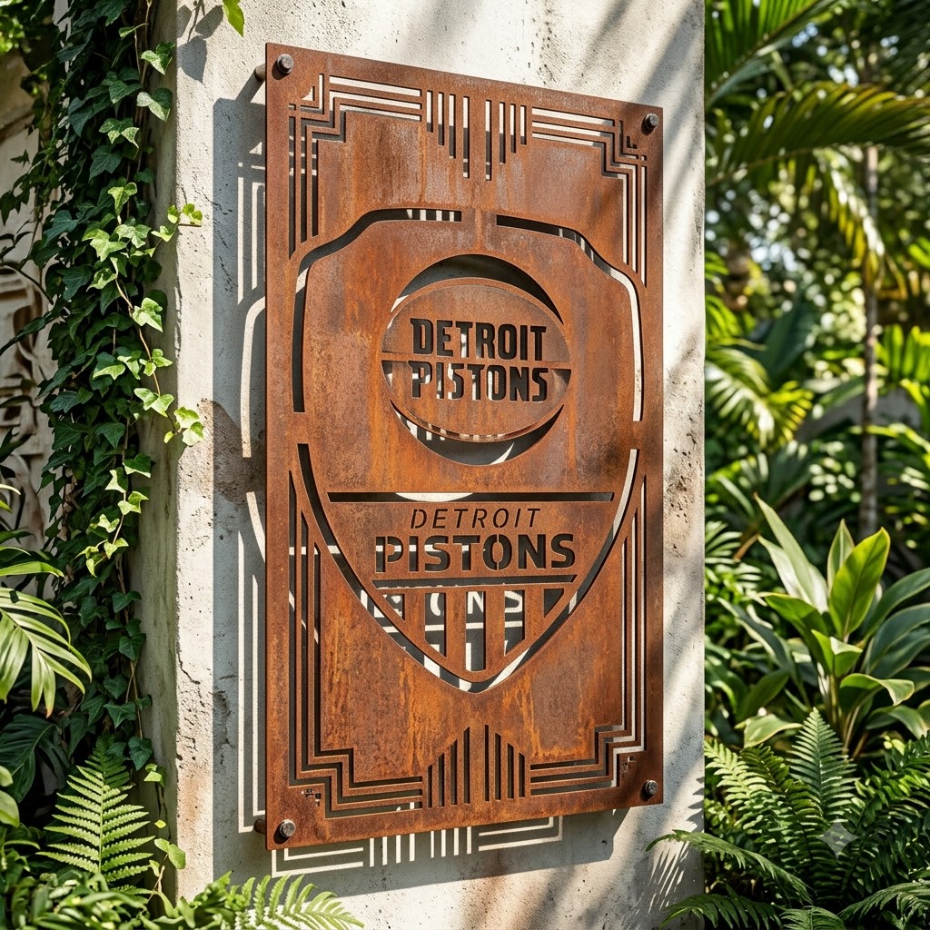 Detroit Pistons Shield Shape Custom Metal Garden PanelNBA Fan Wall Art Home Decor