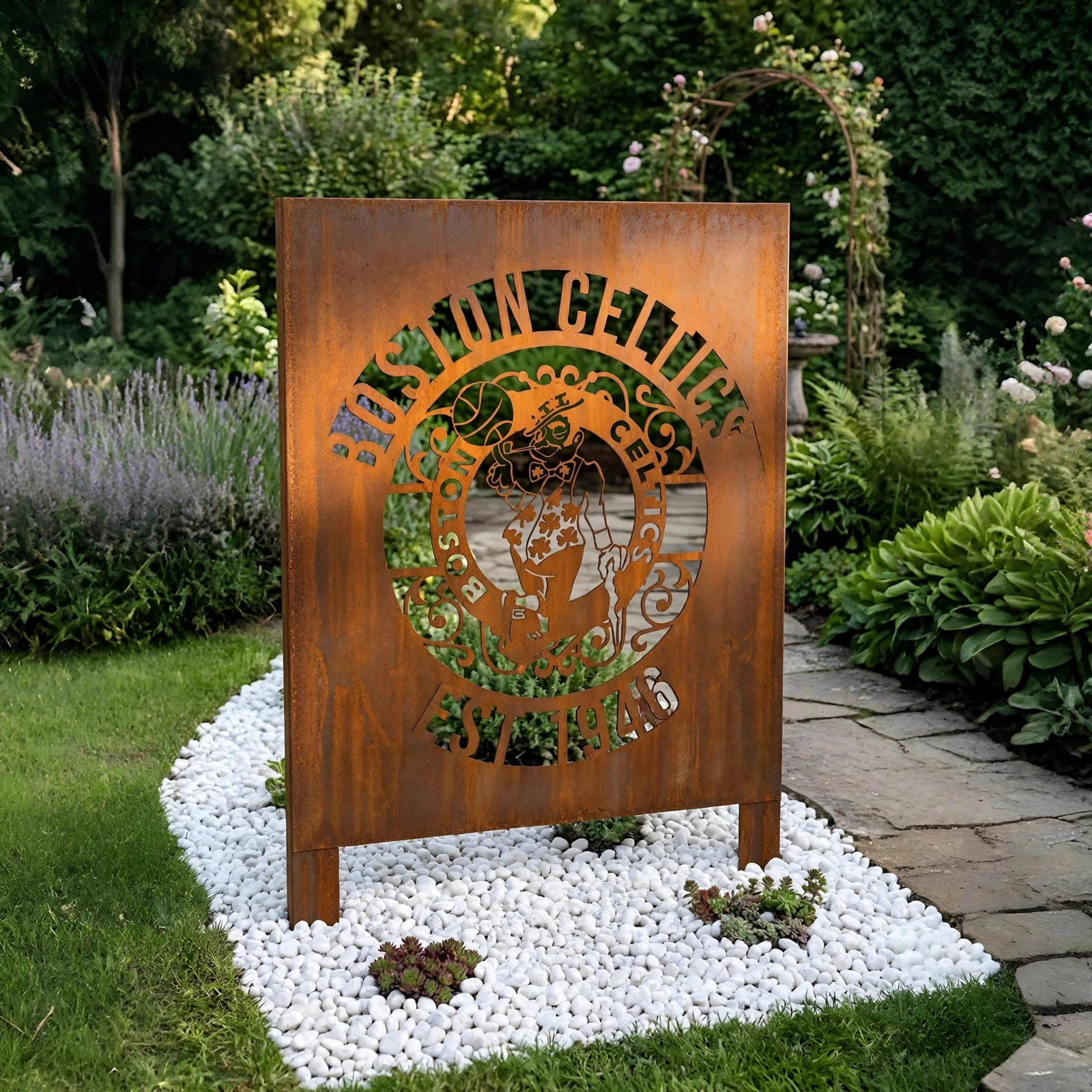 Boston Celtics Monogram Logo Metal Garden Panel – NBA Basketball Fan Outdoor Yard Decor Gift