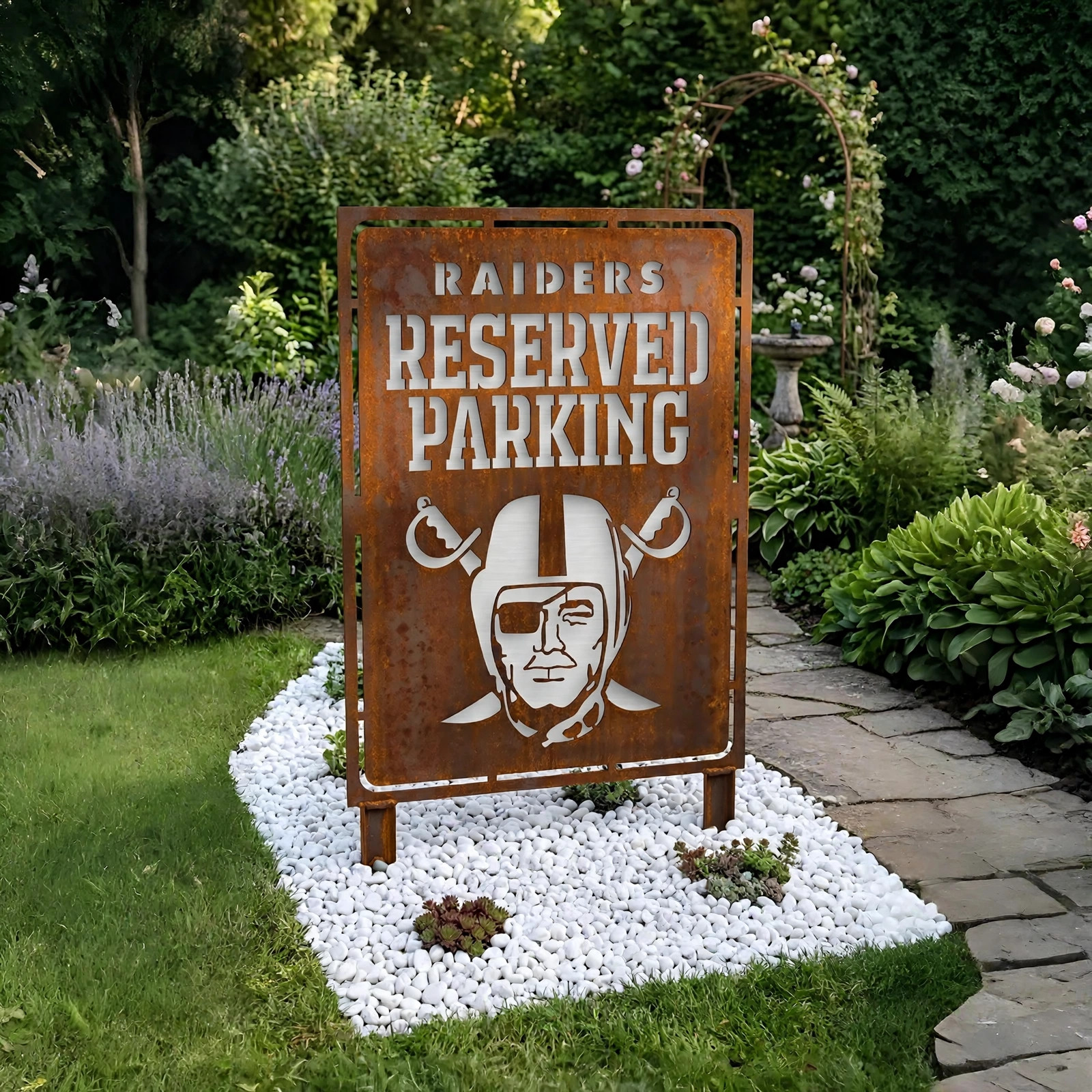 Las Vegas Raiders Reserved Parking Logo Metal Garden Panel – NFL American Football Fan Outdoor Decor Gift