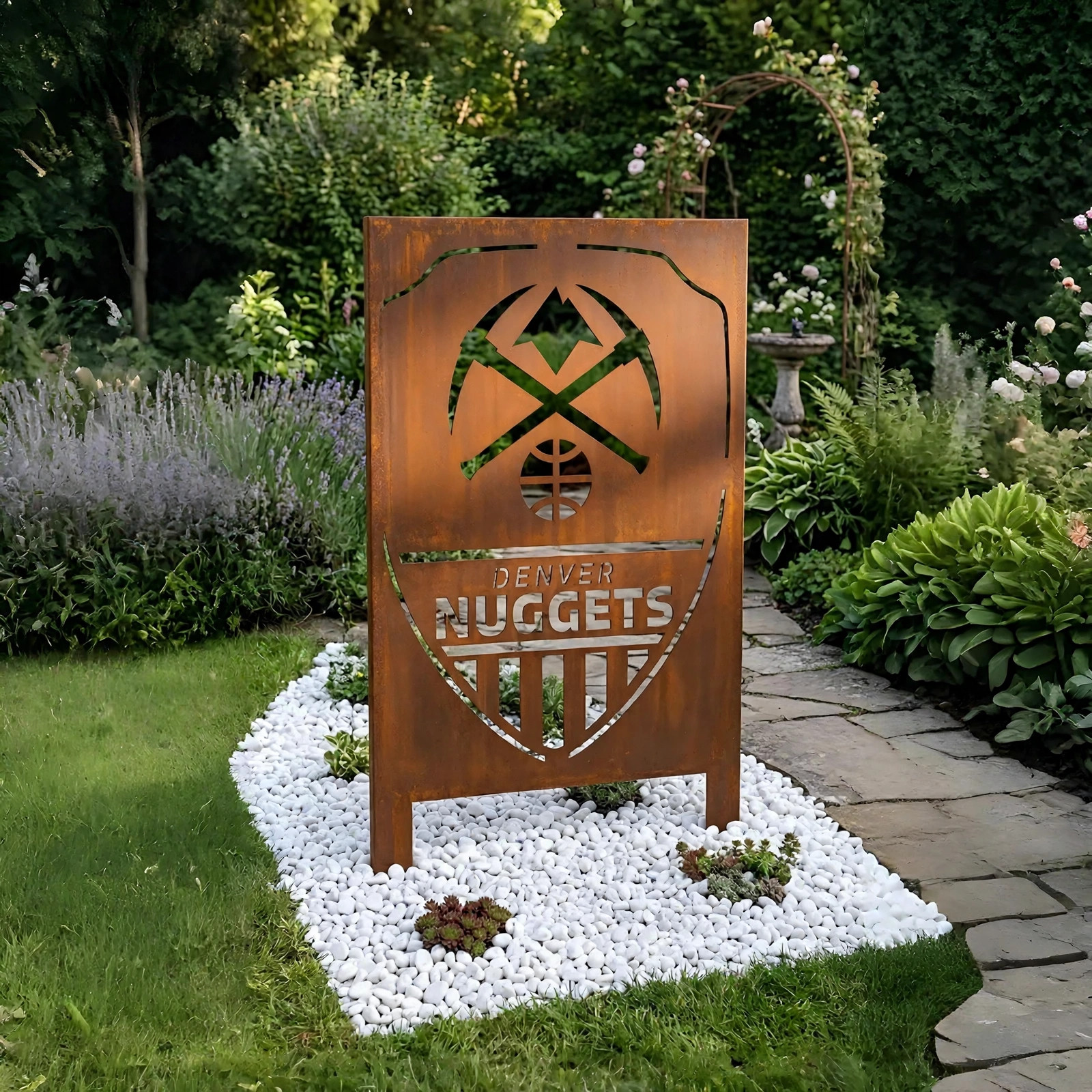 Denver Nuggets Shield Logo Metal Garden Panel – NBA Basketball Fan Outdoor Yard Decor Gift