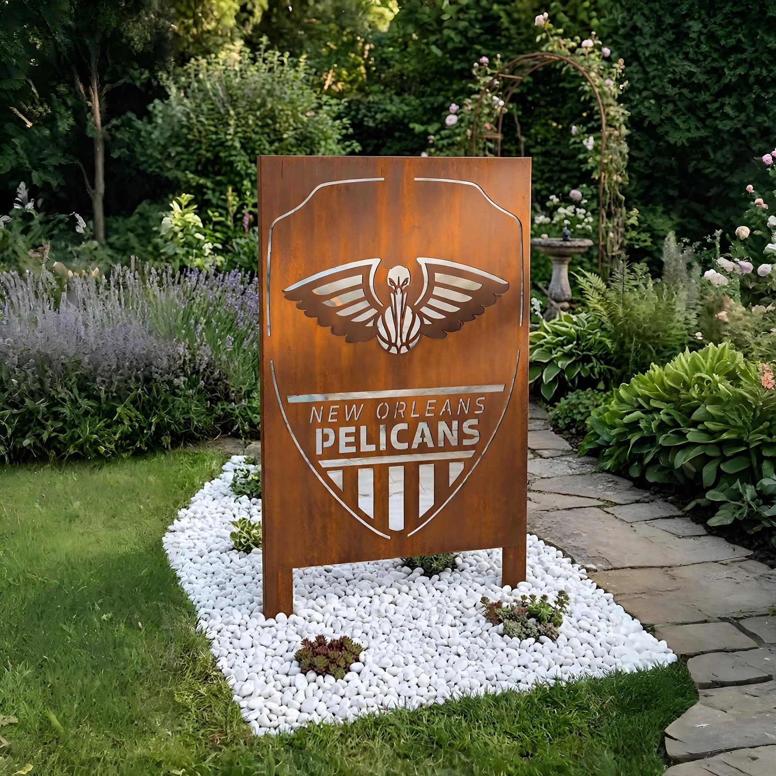 New Orleans Pelicans Shield Logo Metal Garden Panel – NBA Basketball Fan Outdoor Yard Decor Gift
