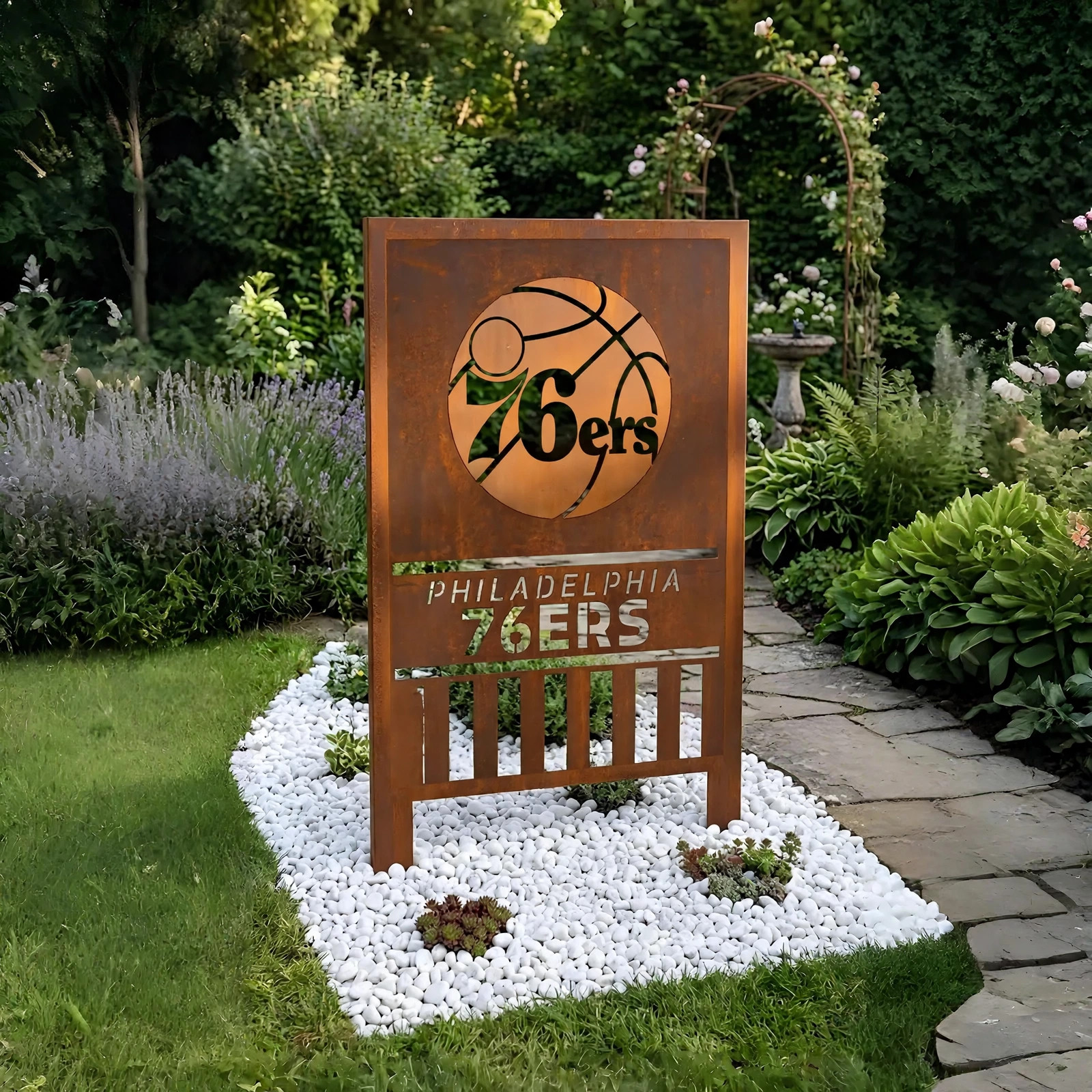 Philadelphia 76ers Shield Logo Metal Garden Panel – NBA Basketball Fan Outdoor Yard Decor Gift